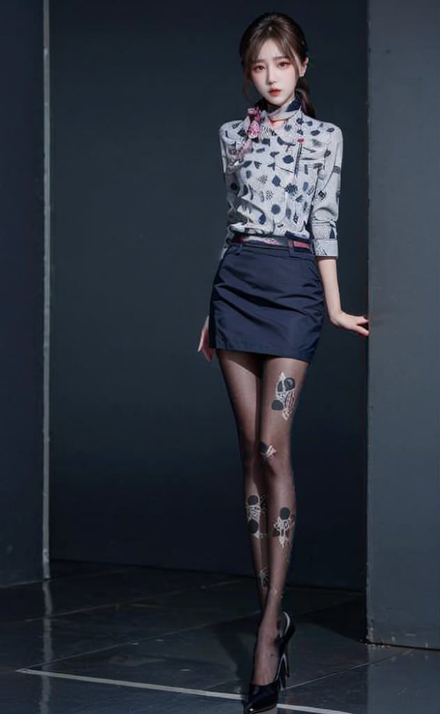 xiaowu,, solo,  1girl, blue shirt, blue skirt,floral print,print shirt,scarf,black pantyhose