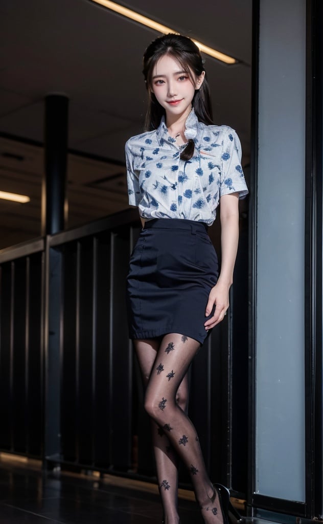 (Good anatomical structure), HDR, UHD, 8K, A real person, Highly detailed, best quality, masterpiece, 1girl, realistic, Highly detailed, (EOS R8, 50mm, F1.2, 8K, RAW photo:1.2), ultra realistic 8k,  solo,  1girl, blue shirt, blue skirt,floral print,print shirt,scarf,black pantyhose,long_hair,Wind, flowing hair,airport,aircraft,pose for picture,kind smile,looking_at_viewer,yanlingji,blue shirt