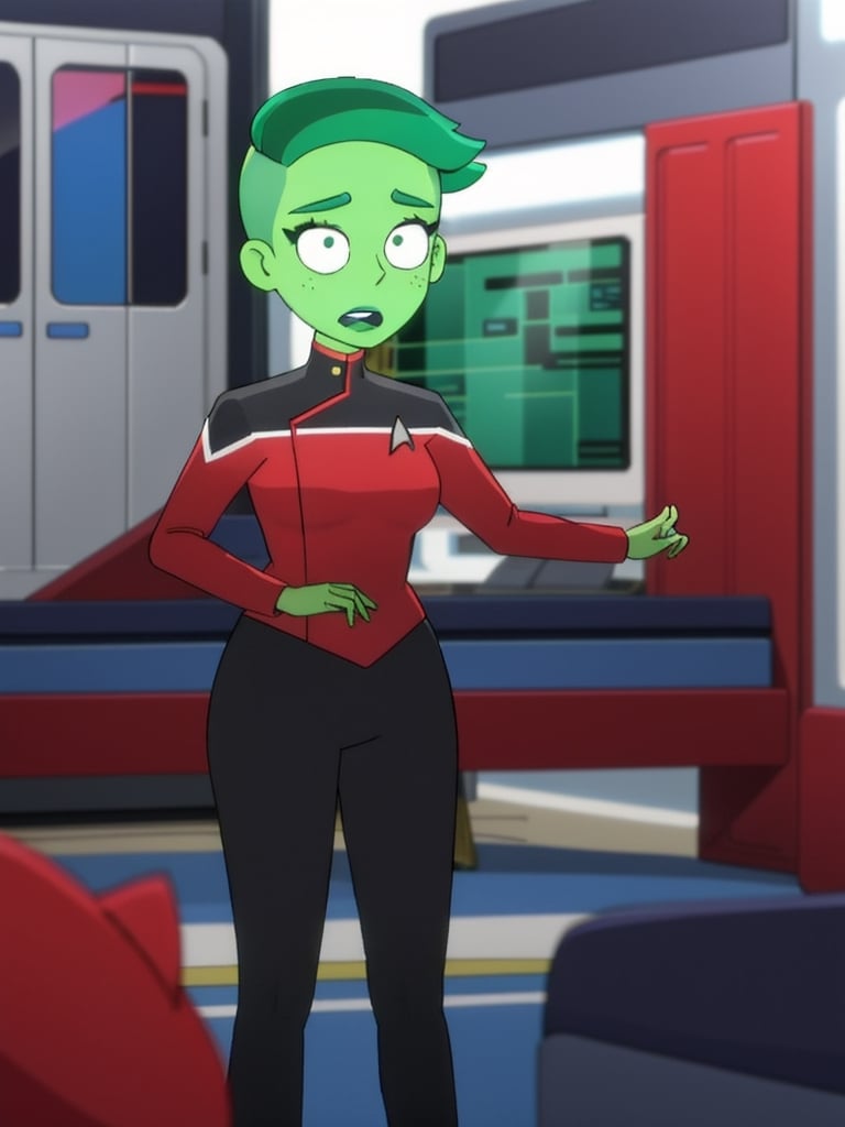 cartoon,crt2 green alien in a red sttldunf, uniform,room