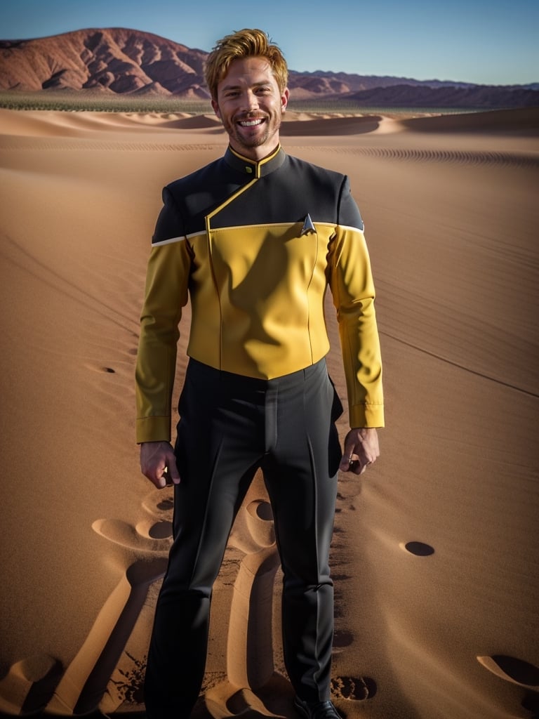 a man in yellow sttldunf uniform ,on a desert,smiling,long sleeve,black pants