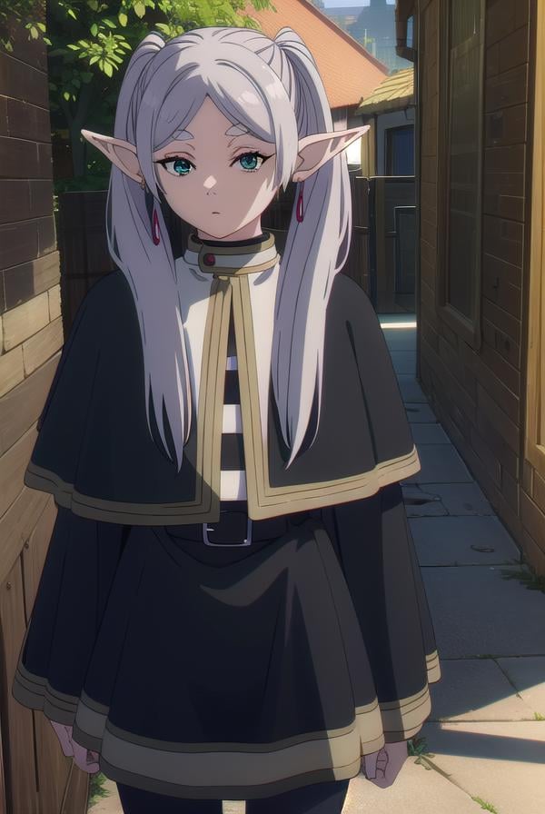 frieren, <lyco:frieren-lyco-nochekaiser:1>,frieren, long hair, twintails, (green eyes:1.5), grey hair, pointy ears, elf,BREAK shirt, long sleeves, jewelry, pantyhose, earrings, striped, black pantyhose, capelet, striped shirt,BREAK looking at viewer, upper body, full body,BREAK outdoors, sky, nature,BREAK <lyco:GoodHands-beta2:1>, (masterpiece:1.2), best quality, high resolution, unity 8k wallpaper, (illustration:0.8), (beautiful detailed eyes:1.6), extremely detailed face, perfect lighting, extremely detailed CG, (perfect hands, perfect anatomy),