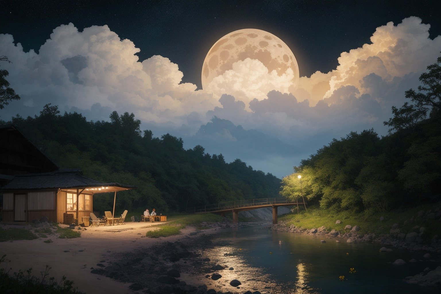 , (((masterpiece,best quality))), outdoors,night,moon,cloud,river,flowers,camping,city at far,   