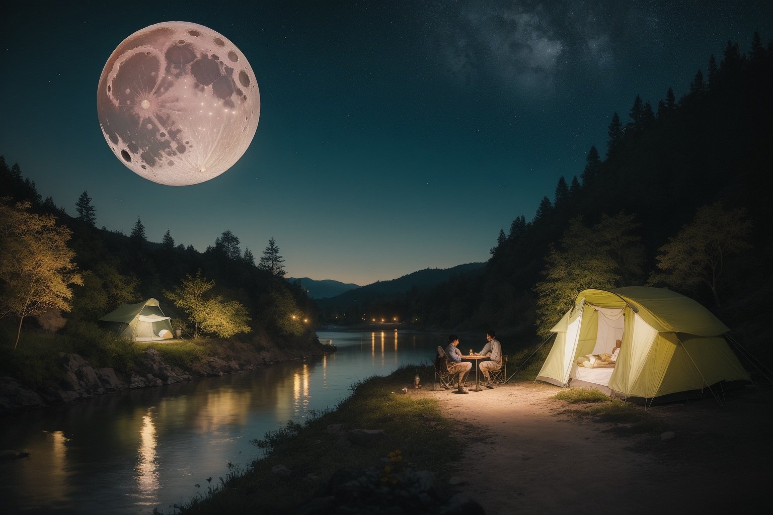 , (((masterpiece,best quality))), outdoors,night,moon,cloud,river,flowers,camping,city at far,   