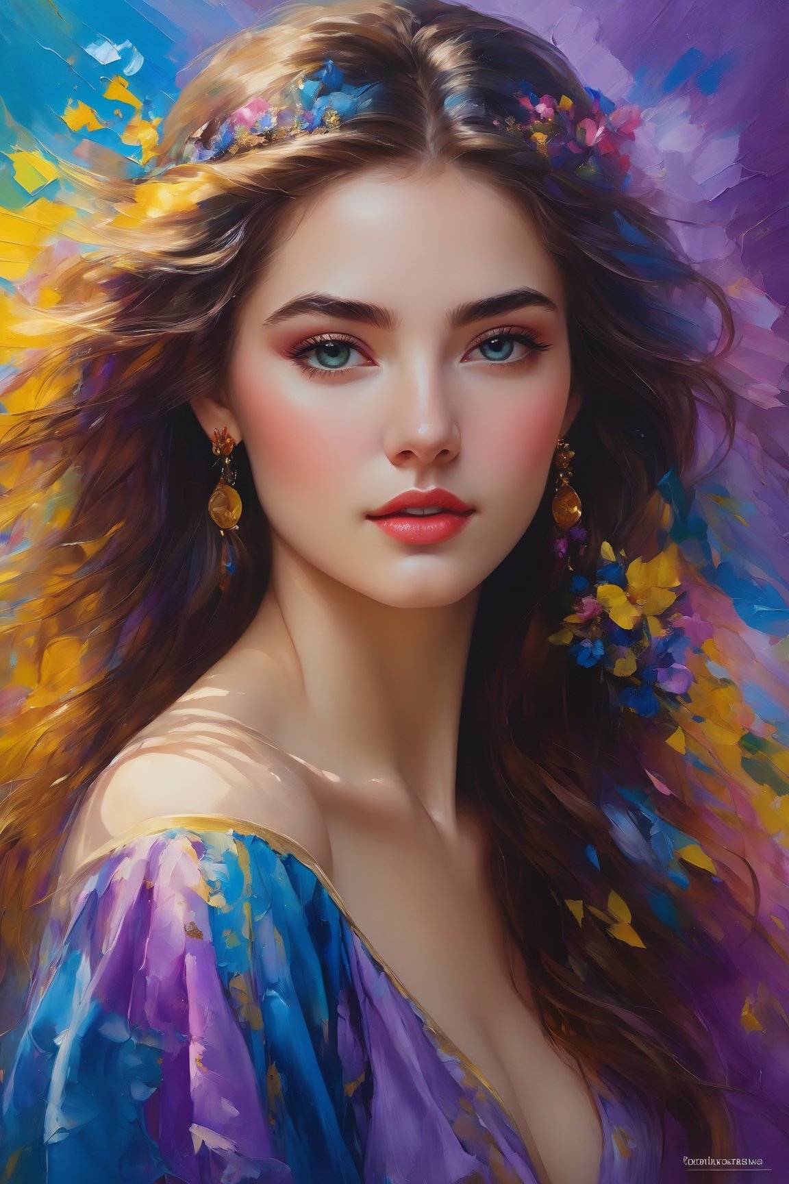 An enchanting 8K oil painting masterpiece, (A vibrant and youthful woman, 18 years old, her hair artfully tousled:1.3), Exquisitely portraying her perfect face with soft, flawless skin, adorned with a delightful blend of blue, yellow, light purple, and violet hues, accentuated with hints of light red, (An intricate celebration of beauty:1.3), Every detail meticulously crafted in a mesmerizing display of colors, resembling a stunning splash screen, (An 8K resolution masterpiece that captivates the eye:1.3), A cute face brought to life in the realm of art, destined to grace ArtStation's digital painting hall of fame, (A smooth and artistic portrayal that defies convention:1.3)