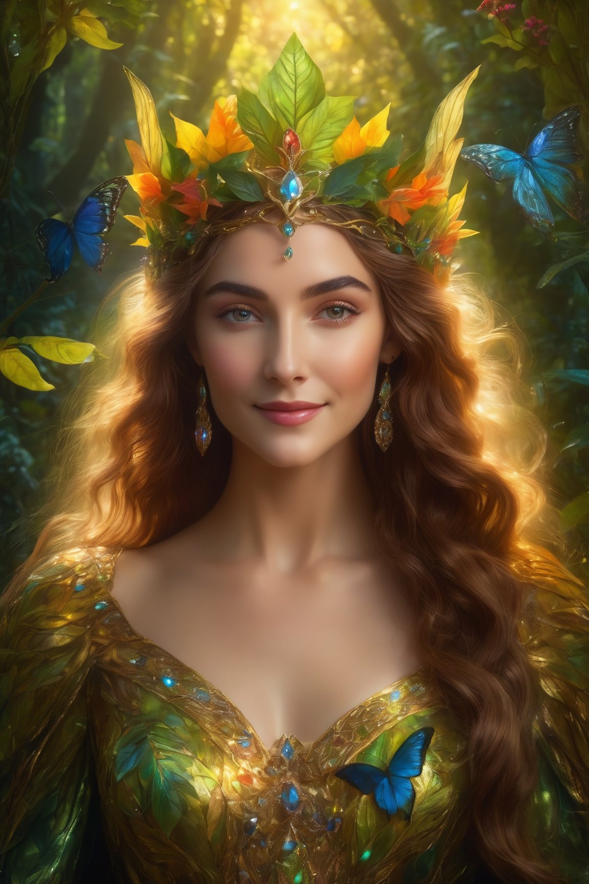 High quality, masterpiece, 8K, portrait, elven queen in a lush forest, shimmering golden gown, jeweled tiara, enigmatic smile, surrounded by ethereal glowing fauna, (magic-infused:1.4), vivid colors, intricate foliage patterns, chiaroscuro lighting, (Pre-Raphaelite art style:1.2)