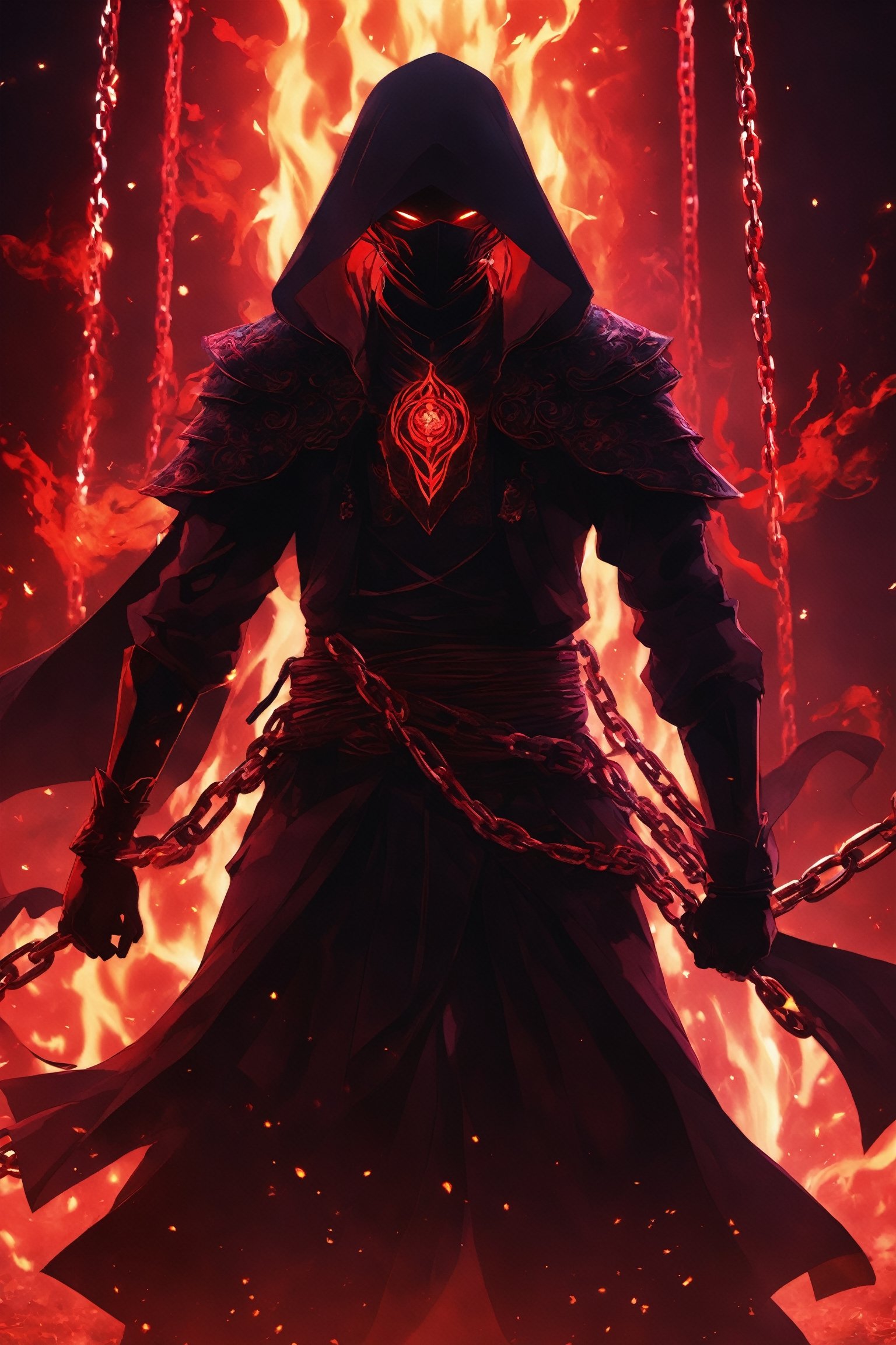 (Anime-style:1.3), (Dark and intense:1.2), A striking anime character, shrouded in shadows and poised for battle, stands against a deep crimson background adorned with menacing chains. Glowing red hollow fire particles dance around the scene, creating an otherworldly ambiance. The unique pastel look adds an ethereal touch to this dramatic and visually intense composition.