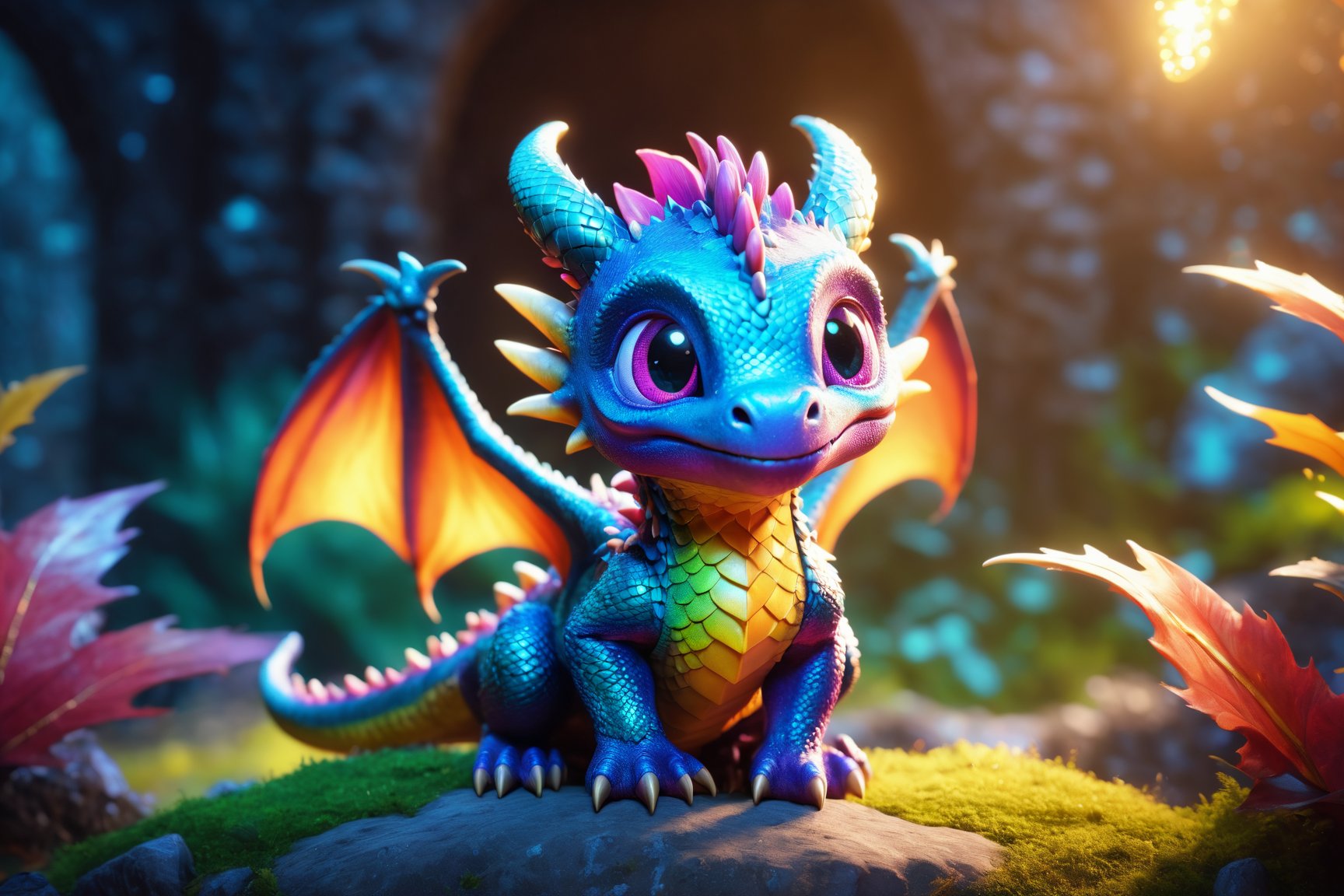 baby dragon, cinematic background, vibrant colors, UHD, 16k, 3D rendering, detailed scales, adorable face and expression, sparkling eyes, fluffy wings, playful pose, magical atmosphere, realistic textures, professional artwork, fantasy art style, mystical lighting, captivating composition, epic fantasy scene