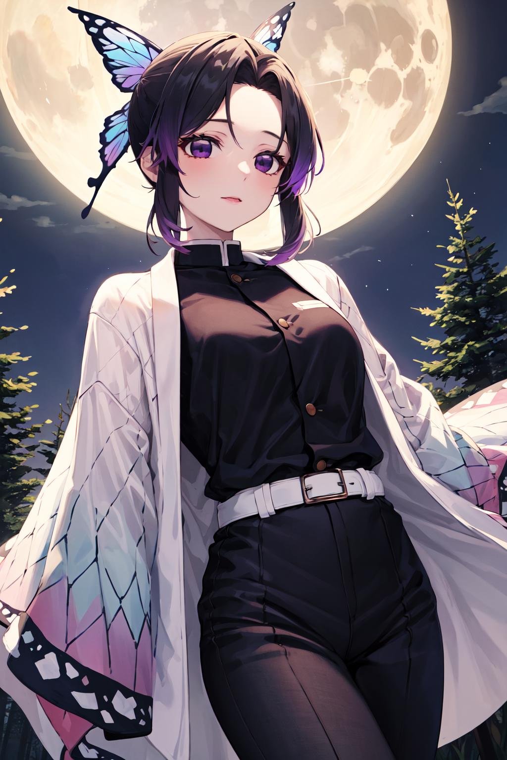 masterpiece, best quality, highres, 1girl, solo, kochou shinobu, butterfly hair ornament, purple eyes, multicolored hair, short hair, parted bangs, black pants, black jacket, long sleeves, belt, <lora:kochou_shinobu_v1.2:0.9>, cowboy shot, forest, night, moon