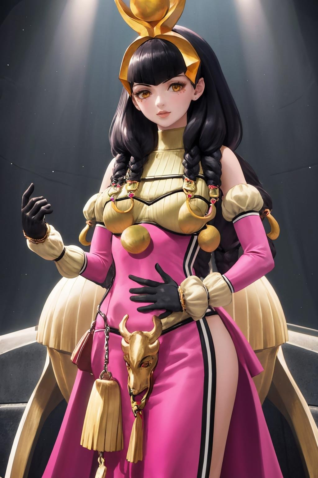 masterpiece, best quality, 1girl, solo, standing, <lora:hathor-smt-richy-v1:1> hathor, gloves, pink dress, detached sleeves