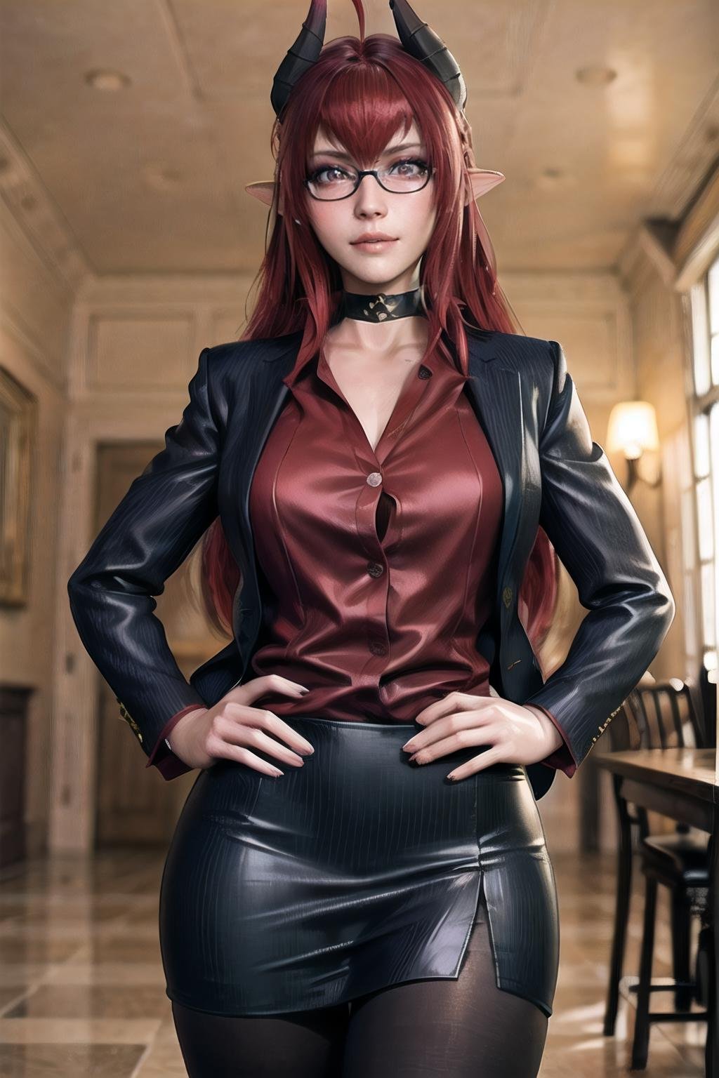 Sinia_suit_aiwaifu,black_legwear, black_skirt, breasts, choker, demon_girl, demon_horns, glasses, horns, jacket, long_hair,miniskirt, pantyhose, pencil_skirt, pinstripe_pattern, pinstripe_suit, pointy_ears,red_hair, skirt, striped, striped_skirt, vertical-striped_skirt, vertical_stripes, masterpiece,best quality,ultra detailed, 8k, cinematic light,highly detailed, scenery,pose,solo,looking at viewer,, <lora:EMS-29423-EMS:0.6>