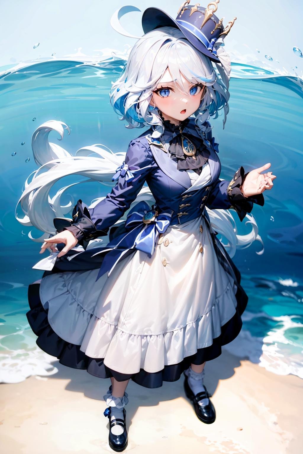 masterpiece, best quality, <lora:Furina-mver:0.8>,water background,1girl, water,solo, socks, ahoge, blue eyes, hat, blue hair, multicolored hair, black footwear, plaid, white socks, full body, blue headwear, long sleeves,  kneehighs, shoes, long hair, very long hair, looking at viewer, white hair, blue skirt, white shirt, plaid skirt, beret, ascot, puffy long sleeves, bow, frills, jewelry, unmoving pattern, streaked hair, brooch, bangs, puffy sleeves, mary janes, high-waist skirt, parted lips, standing, blue bow, plaid headwear, two-tone hair, virtual youtuber, blue ascot, collared shirt, breasts, open mouth, frilled socks, hair between eyes, center frills