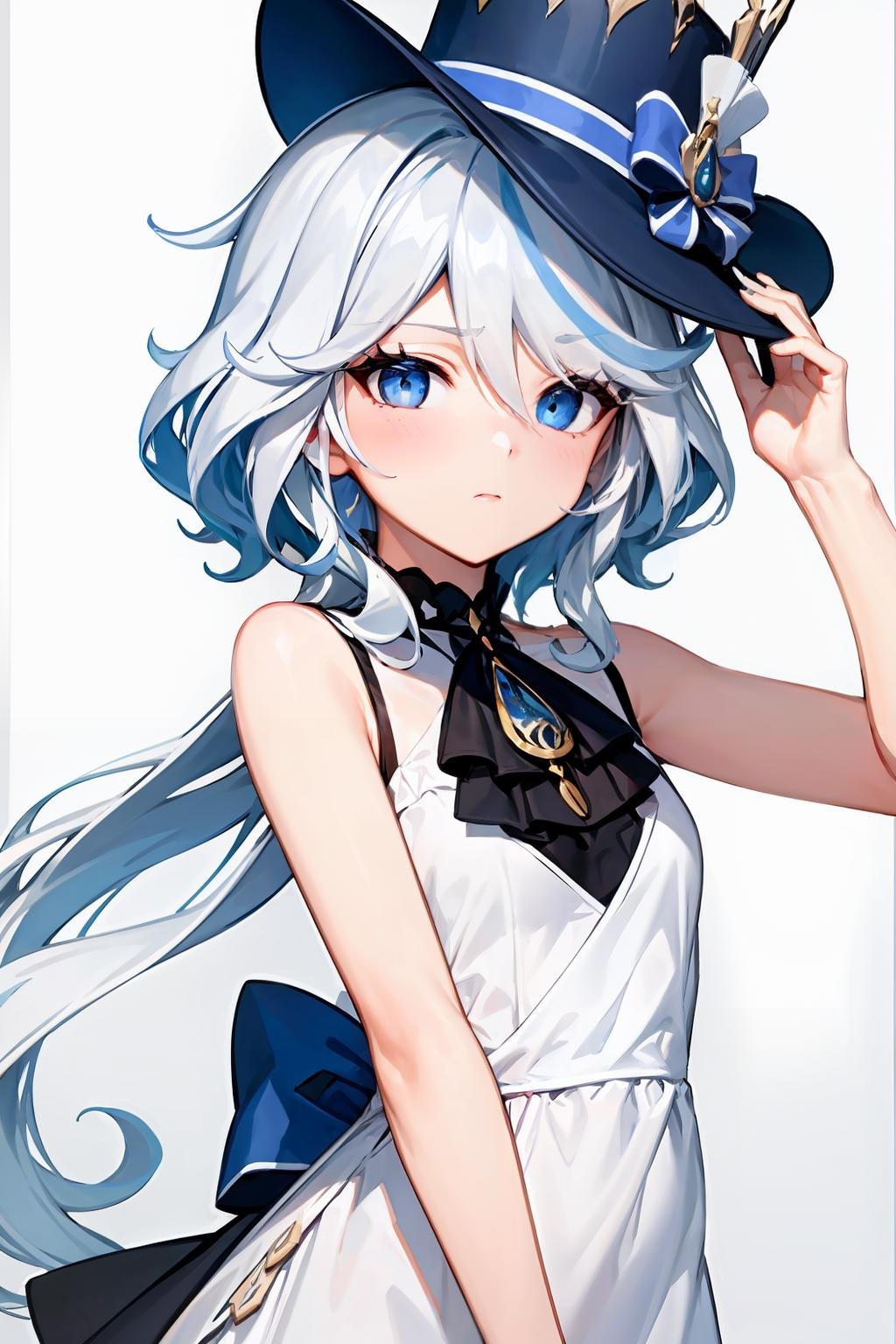 masterpiece, best quality, <lora:Furina-mver:0.8>,1girl, hat, solo, blue eyes, dress, white dress, long hair, looking at viewer, white headwear, closed mouth, fu hua, bangs, white hair, hand on headwear, sleeveless dress, sleeveless, bow, ribbon, hair between eyes, border, bare shoulders, sundress, multicolored hair, hat bow, white background, sun hat, jewelry, choker, blue hair, simple background