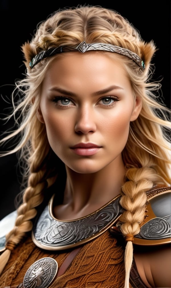 (((Ultra detailed, beautiful face, Megapixel))) Craft a visually captivating and intriguing photo realistic image of a model portraying a Viking shieldmaiden named Astrid, but with a modern twist. Astrid possesses a fierce and bold beauty, with (fair) skin that carries a hint of sun-kissed radiance. Her hair, braided in intricate patterns, falls in a cascade of (flaxen) waves, symbolizing her strength and resilience. She wears a formidable attire, a mix of handwoven linen and leather in earthy tones, evoking the spirit of Viking warriors. However, amidst the historical context, she embraces modern technology with a sleek smartwatch adorning her wrist, symbolizing her adaptation to the contemporary world. Against a blank black background, the focus is solely on Astrid's captivating features and the juxtaposition of Viking warrior tradition and modern functionality. With your camera, a high-resolution DSLR paired with a portrait lens, you will capture the powerful fusion of ancient heritage and modern convenience embodied by Astrid.
