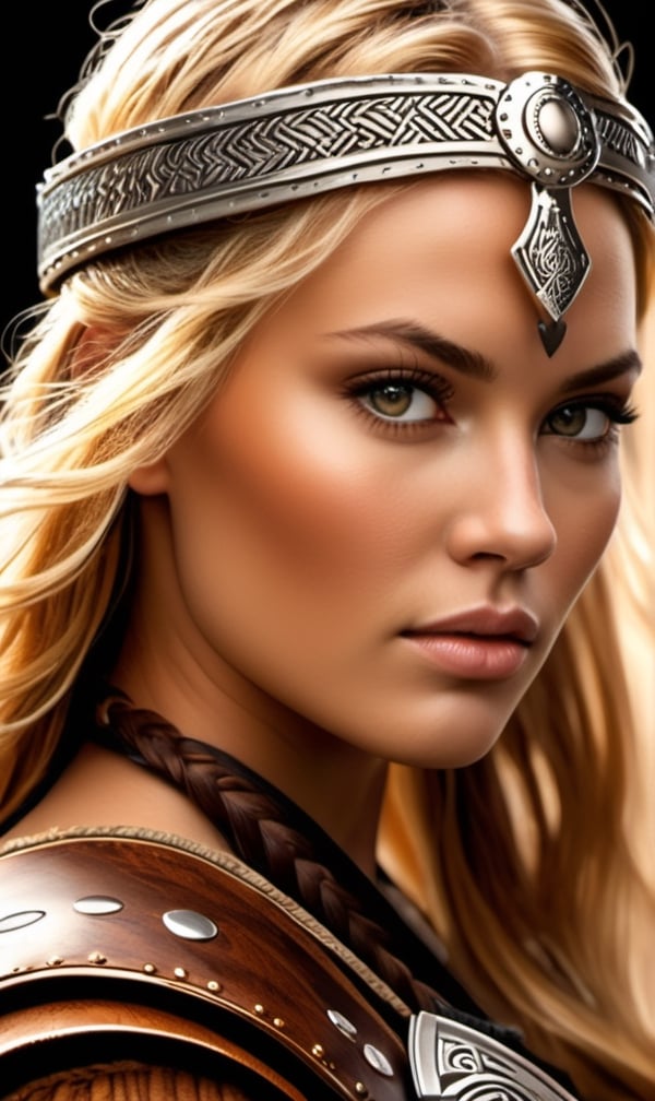 (((Ultra detailed, beautiful face, Megapixel))) Craft a visually captivating and intriguing photo realistic image of a model portraying a Viking shieldmaiden named Astrid, but with a modern twist. Astrid possesses a fierce and bold beauty, with (fair) skin that carries a hint of sun-kissed radiance. Her hair, braided in intricate patterns, falls in a cascade of (flaxen) waves, symbolizing her strength and resilience. She wears a formidable attire, a mix of handwoven linen and leather in earthy tones, evoking the spirit of Viking warriors. However, amidst the historical context, she embraces modern technology with a sleek smartwatch adorning her wrist, symbolizing her adaptation to the contemporary world. Against a blank black background, the focus is solely on Astrid's captivating features and the juxtaposition of Viking warrior tradition and modern functionality. With your camera, a high-resolution DSLR paired with a portrait lens, you will capture the powerful fusion of ancient heritage and modern convenience embodied by Astrid.
