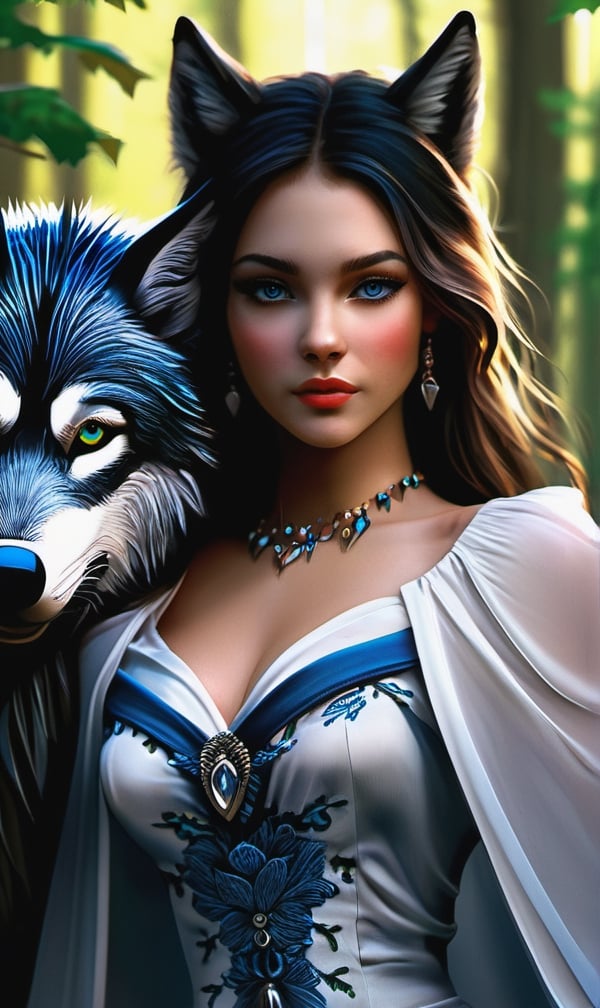 (masterpiece), (best quality), (ultra-detailed), Ultra detailed masterpiece best quality, masterpiece, high definition, Extremely detailed, hyper realistic, digital painting of a wolf girl in a fantasy setting. The wolf girl should be in her early twenties, with long, flowing hair and piercing blue eyes. She should be wearing a simple, yet elegant dress that reveals her wolf-like features. The background should be a dark forest, with a full moon shining through the trees Realistic, Character, Realisticmodel