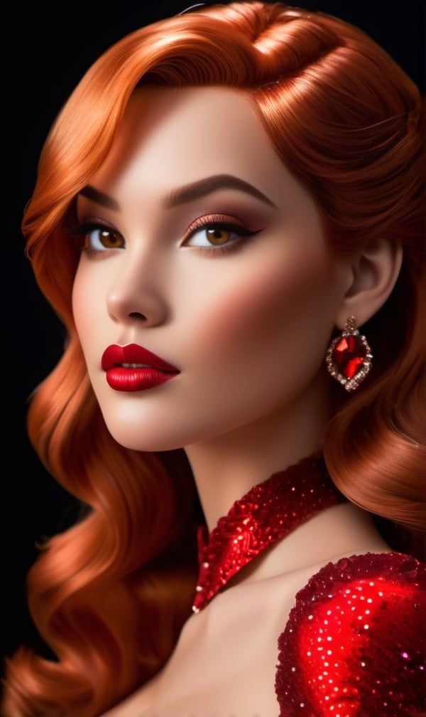 (((Ultra detailed, beautiful face, Megapixel))) Capture an alluring and visually striking photo realistic image of a model portraying the elegant Disney princess Merida dressed as the iconic cartoon character Jessica Rabbit. The model possesses delicate (hazel) eyes that emanate both intelligence and sensuality. Her hair, styled in voluminous waves cascading over one shoulder, maintains its (chestnut brown) color, paying homage to Jessica Rabbit's glamorous hairstyle. She wears a form-fitting, strapless gown made of shimmering red satin, showcasing her curves with grace and allure. The gown is adorned with intricate beading and sequins, adding a touch of glamour and opulence. Against a blank black background, the focus is solely on the model's captivating features and the striking contrast between the red fabric and her luminous skin. With your camera, a high-end mirrorless camera paired with a prime lens, you will capture the enchanting fusion of Merida and Jessica Rabbit, creating a visually captivating and seductive image ,inboxDollPlaySetQuiron style
