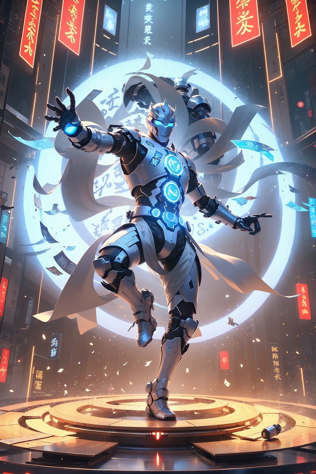 A young mech in silver armor stands in the air, the characters in ancient Chinese novels are sparkling, the silver-clad handsome, the gestures incantation, martial arts immortality, the characters in the palace game are covered in gold runes, cyberpunk-style, neon, best image quality, 3D rendering, head up, super wide angle, fish eyes, full body camera, 16K, super high definition, high resolution, very detailed, best image quality,Daofa Rune