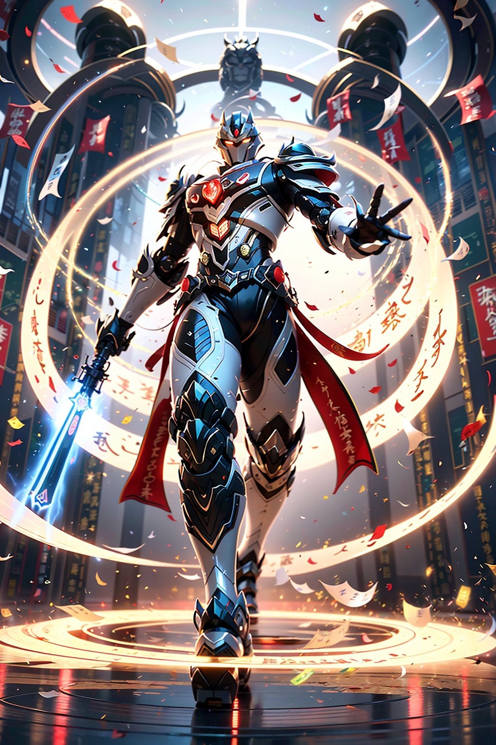 Surrounded by rotating transparent red scrolls, floating transparent red Chinese characters, dynamic, rotating, 1 man standing in the air, not looking at the camera, writing calligraphy, solo, blue eyes, holding, weapon, holding weapon, glow, robot, mecha, science fiction, open_hand,v-fin, movie lighting, strong contrast, high level of detail, best quality, masterpiece, white background,qingsha,Daofa Rune,glint sparkle,Flowing scroll