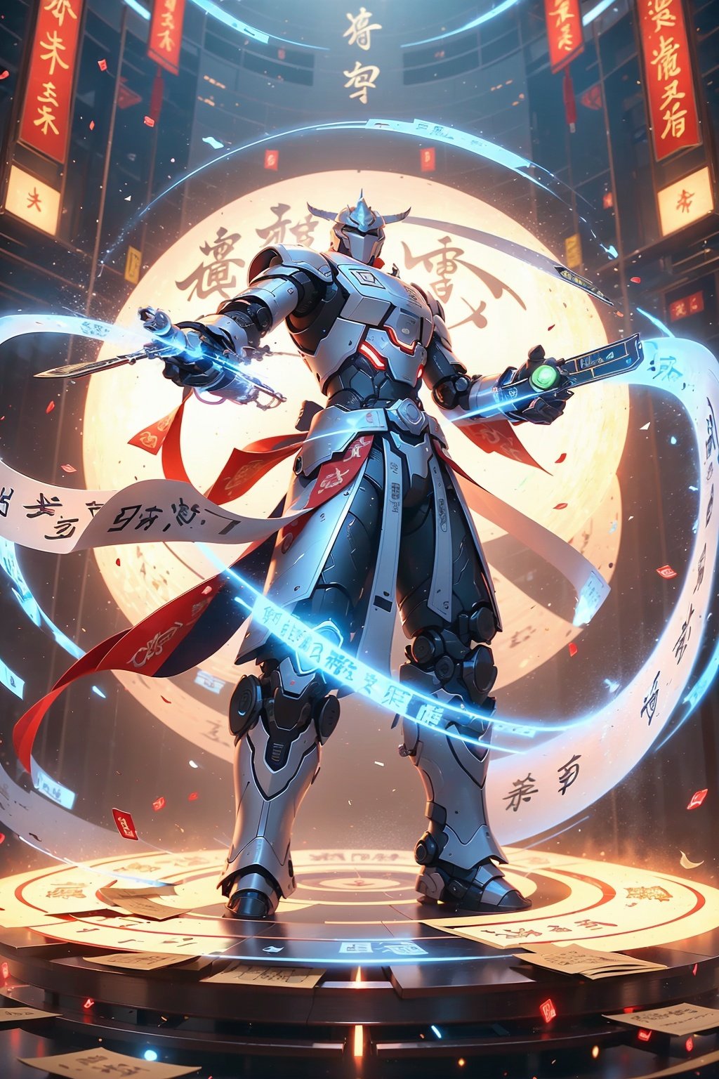 Surrounded by rotating transparent red scrolls, floating transparent red Chinese characters, dynamic, rotating, 1 man standing in the air, not looking at the camera, writing calligraphy, solo, blue eyes, holding, weapon, holding weapon, glow, robot, mecha, science fiction, open_hand,v-fin, movie lighting, strong contrast, high level of detail, best quality, masterpiece, white background,qingsha,Daofa Rune,glint sparkle,Flowing scroll