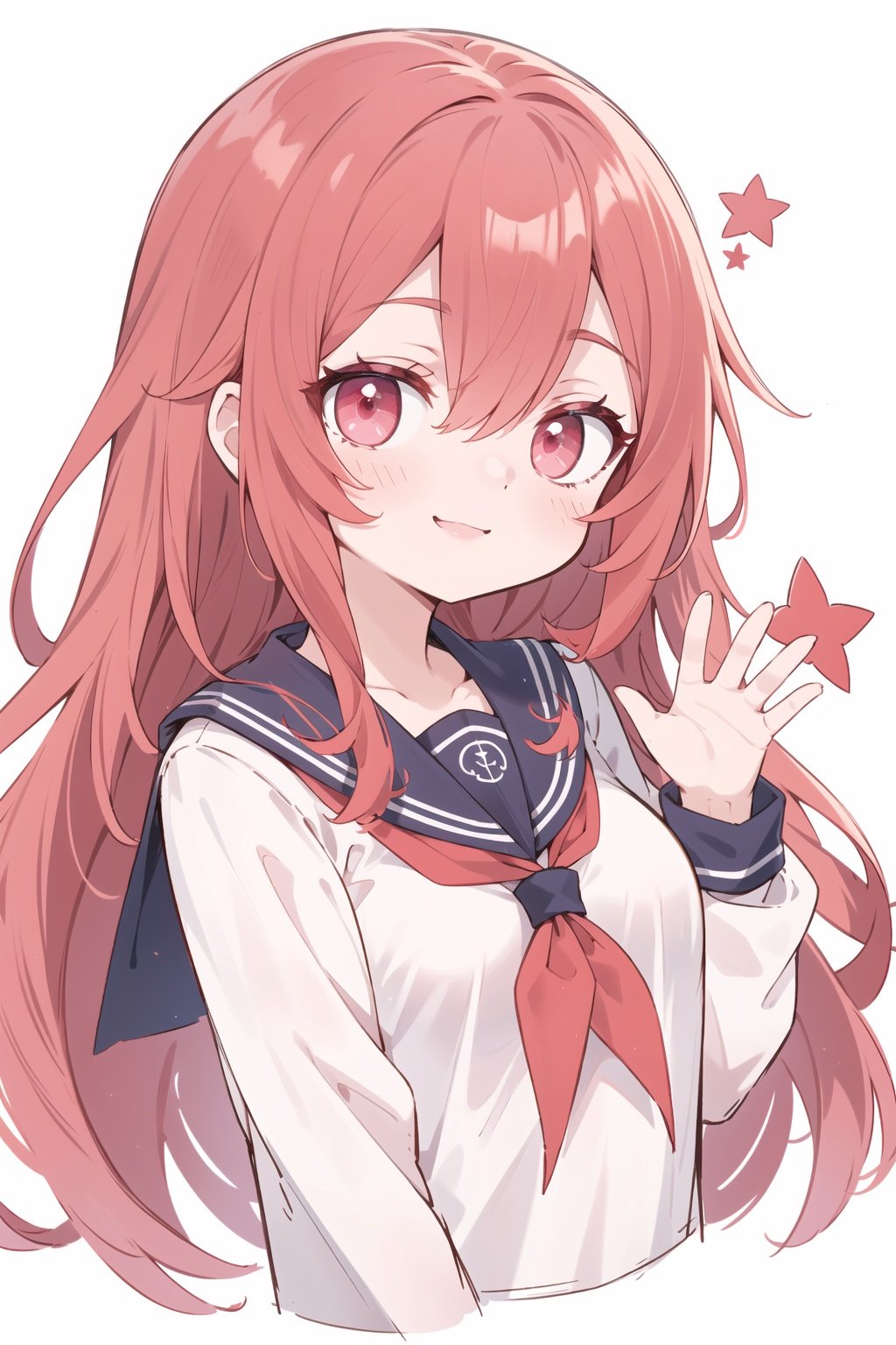 👋,simple background, white background, pentagram, pink eyes, red neckwear, red hair, hair over shoulder, long hair, asymmetrical hair, serafuku, sailor dress, upper body, smile, seductive smile