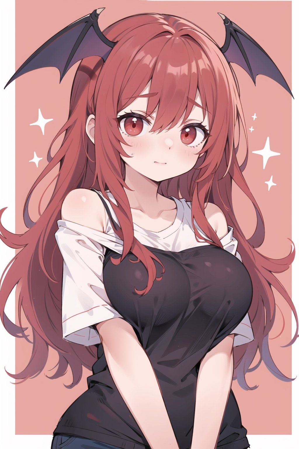 Koakuma, T-shirt, off shoulder, no legwear,  upper body, arms at sides, large breasts, Red hair,  red eyes, (Shy: 1.2)