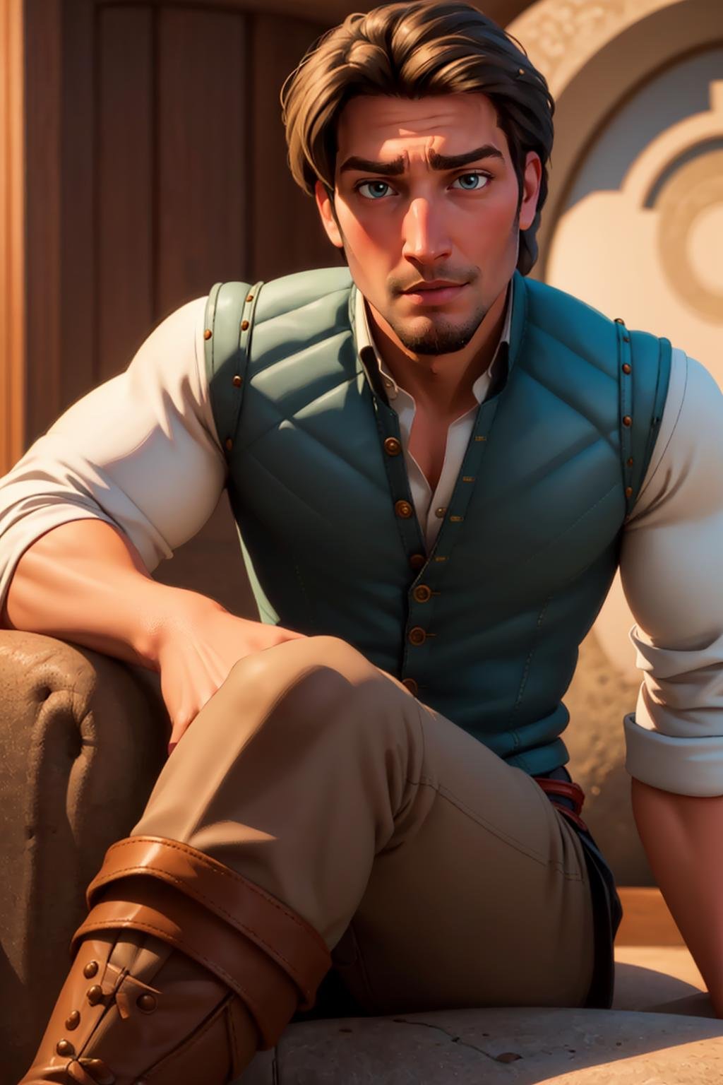 FlynnRider,  1guy , vest,  shirt,  facial  hair,  pants,  boots, ,  facial  hair , (best quality:1.2),  serious,  masterpiece,  highness,  perfect face,  perfect picture,  detailed eyes,  sharp focus,  sitting,  at home,  relaxing, <lora:EMS-53288-EMS:0.940000>