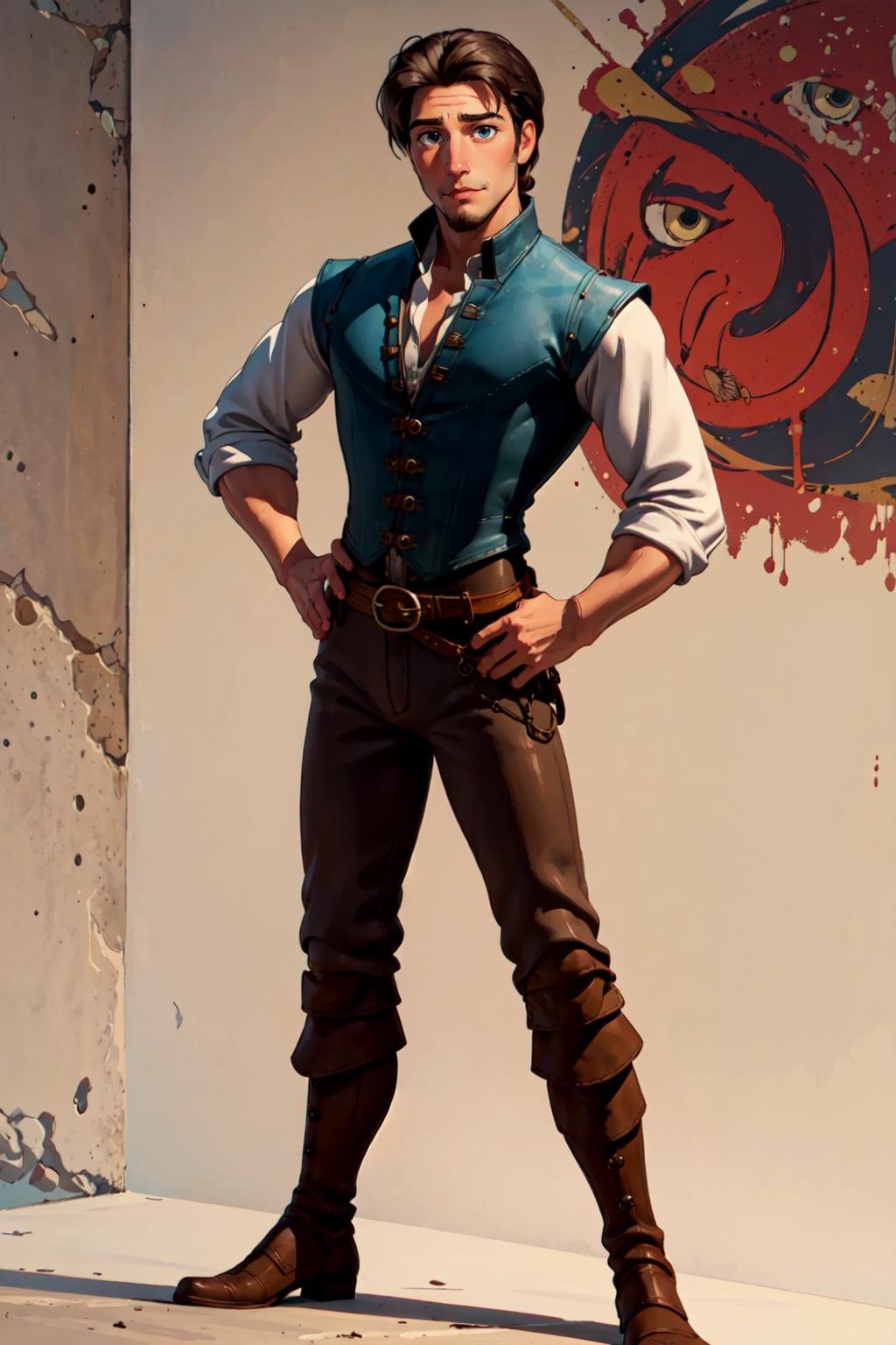 FlynnRider,  1guy , vest,  shirt,  facial  hair,  belt,  pants,  boots,  hands on hips,  standing,  best quality,  masterpiece,  highness,  perfect face,  perfect picture,  detailed eyes,  sharp focus,  full body,   , <lora:EMS-53288-EMS:0.890000>