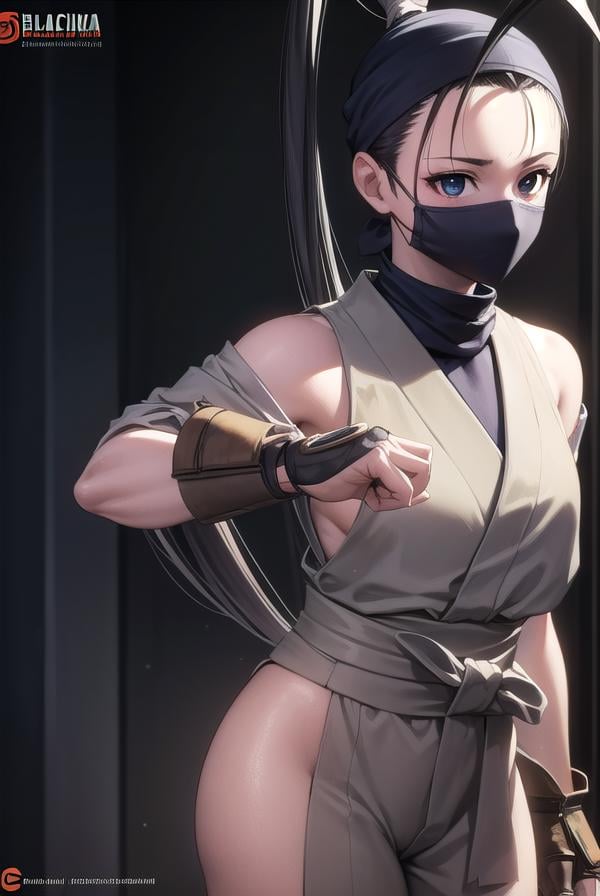 ibuki, <lora:ibuki-lora-nochekaiser:1>,ibuki, (black eyes:1.5), black hair, long hair, ponytail,BREAK bandages, bandana, covered mouth, fingerless gloves, gloves, half mask, hip vent, japanese clothes, mask, mouth mask, ninja,BREAK indoors,BREAK looking at viewer, (cowboy shot:1.5),BREAK <lyco:GoodHands-beta2:1>, (masterpiece:1.2), best quality, high resolution, unity 8k wallpaper, (illustration:0.8), (beautiful detailed eyes:1.6), extremely detailed face, perfect lighting, extremely detailed CG, (perfect hands, perfect anatomy),