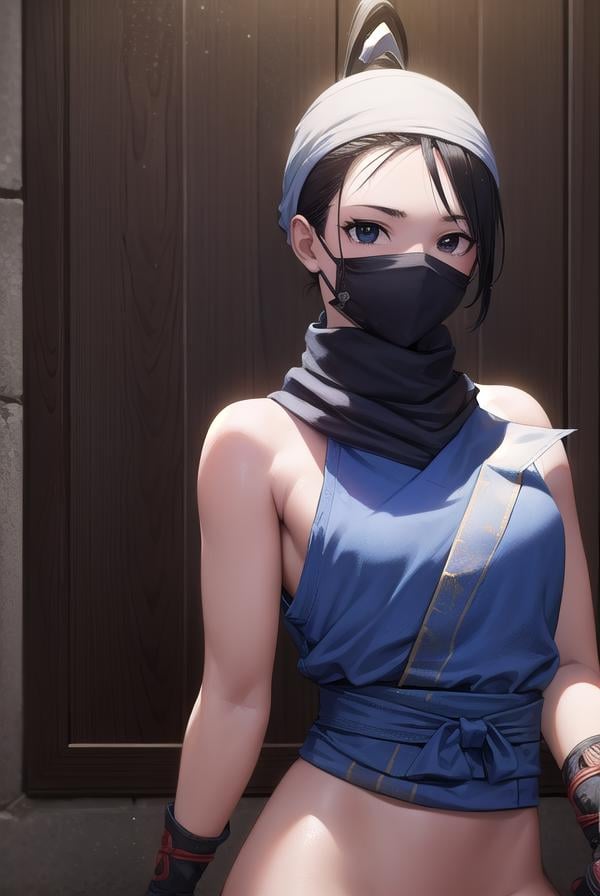 ibuki, <lora:ibuki-lora-nochekaiser:1>,ibuki, (black eyes:1.5), black hair, long hair, ponytail,BREAK bandages, bandana, covered mouth, fingerless gloves, gloves, half mask, hip vent, japanese clothes, mask, mouth mask, ninja,BREAK indoors,BREAK looking at viewer, (cowboy shot:1.5),BREAK <lyco:GoodHands-beta2:1>, (masterpiece:1.2), best quality, high resolution, unity 8k wallpaper, (illustration:0.8), (beautiful detailed eyes:1.6), extremely detailed face, perfect lighting, extremely detailed CG, (perfect hands, perfect anatomy),