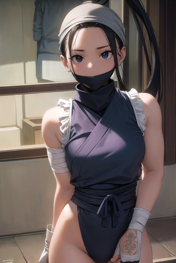 ibuki, <lora:ibuki-lora-nochekaiser:1>,ibuki, (black eyes:1.5), black hair, long hair, ponytail,BREAK bandages, bandana, covered mouth, fingerless gloves, gloves, half mask, hip vent, japanese clothes, mask, mouth mask, ninja,BREAK indoors,BREAK looking at viewer, (cowboy shot:1.5),BREAK <lyco:GoodHands-beta2:1>, (masterpiece:1.2), best quality, high resolution, unity 8k wallpaper, (illustration:0.8), (beautiful detailed eyes:1.6), extremely detailed face, perfect lighting, extremely detailed CG, (perfect hands, perfect anatomy),