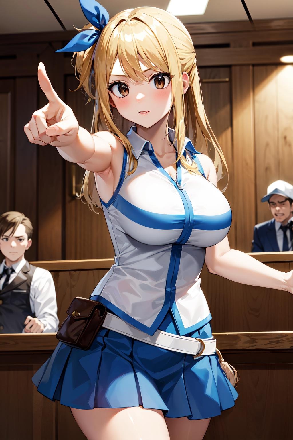 masterpiece, best quality, highres, lucy heartfilia, blonde hair, long hair, large breasts, white shirt, sleeveless, belt, blue skirt, <lora:lucy_heartfilia_v11:0.7>,  cowboy shot, pointing, indoors, courtroom, 