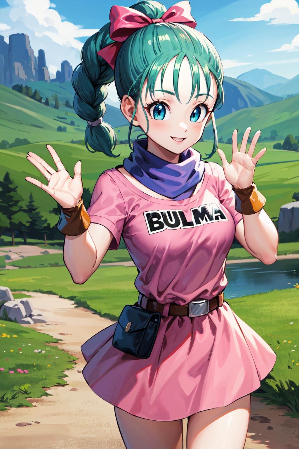 masterpiece, best quality, highres, dragon ball, blmpony, aqua hair, hair ribbon, braided ponytail, pink shirt, belt, scarf, pink skirt, clothes writing, brown gloves, medium breasts, <lora:bulma_v1:0.7>, outdoors, cowboy shot, waving, smile