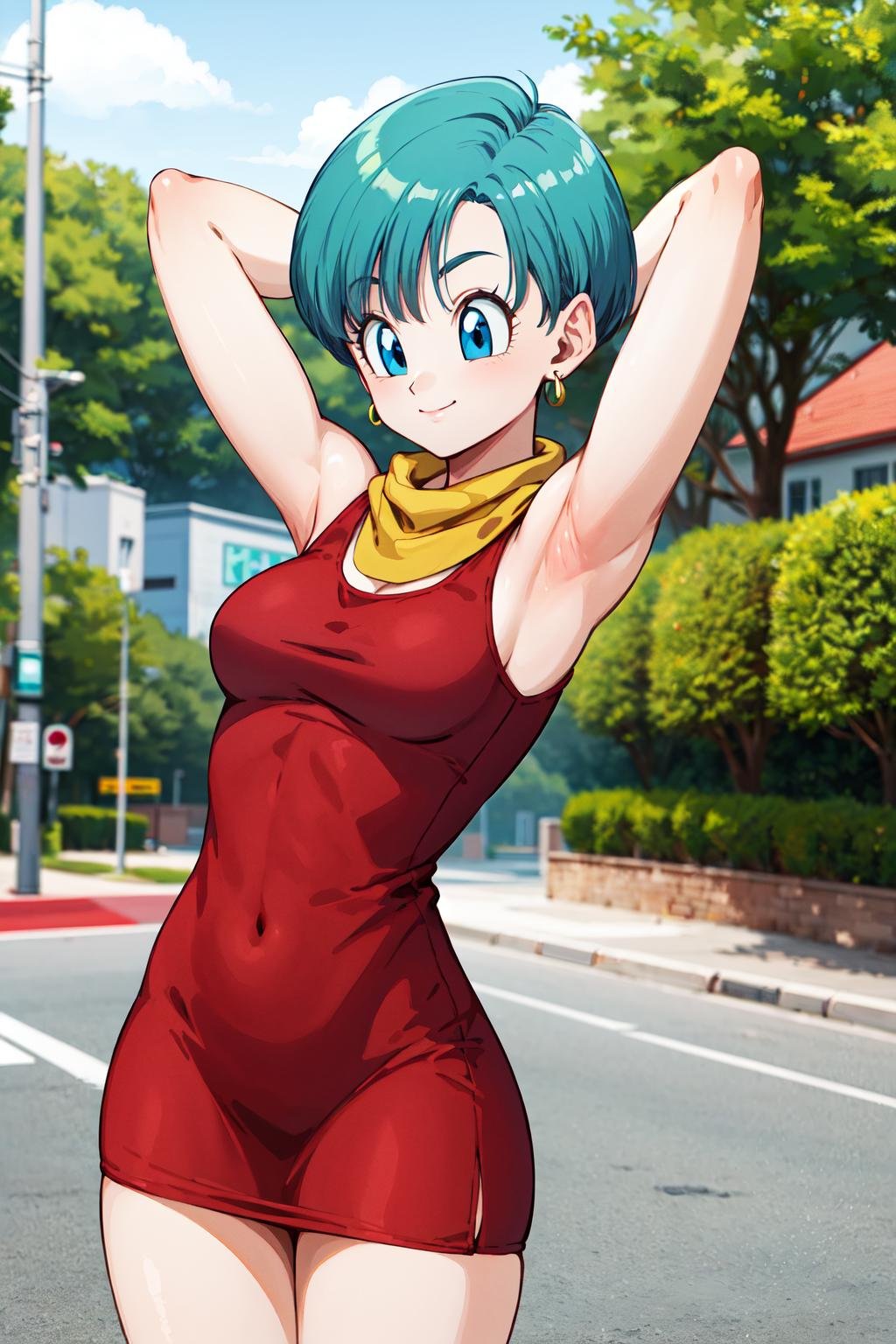 masterpiece, best quality, highres, dragon ball, blmshort, aqua hair, very short hair, earrings, jewelry, red dress, medium breasts, yellow scarf, short dress, sleeveless, <lora:bulma_v1:0.7>, outdoors, arms behind head, armpits, smile, street