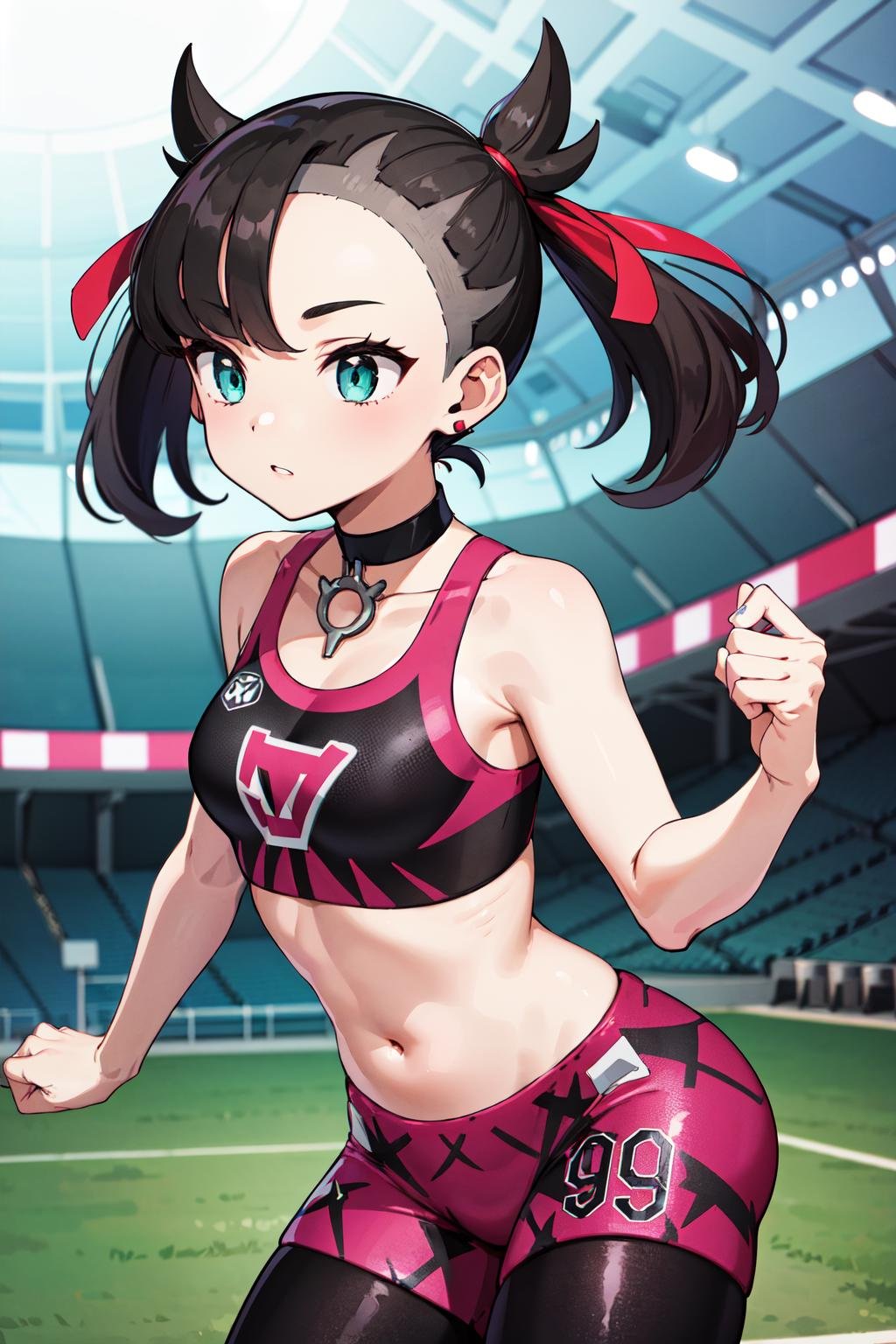 masterpiece, best quality, highres, hmmarnie, aqua eyes, black choker, red ribbon, earrings, jewelry, midriff, sports bra, bare shoulders, pants, leggings, <lora:marnie_v1:0.7>, standing, cowboy shot, 