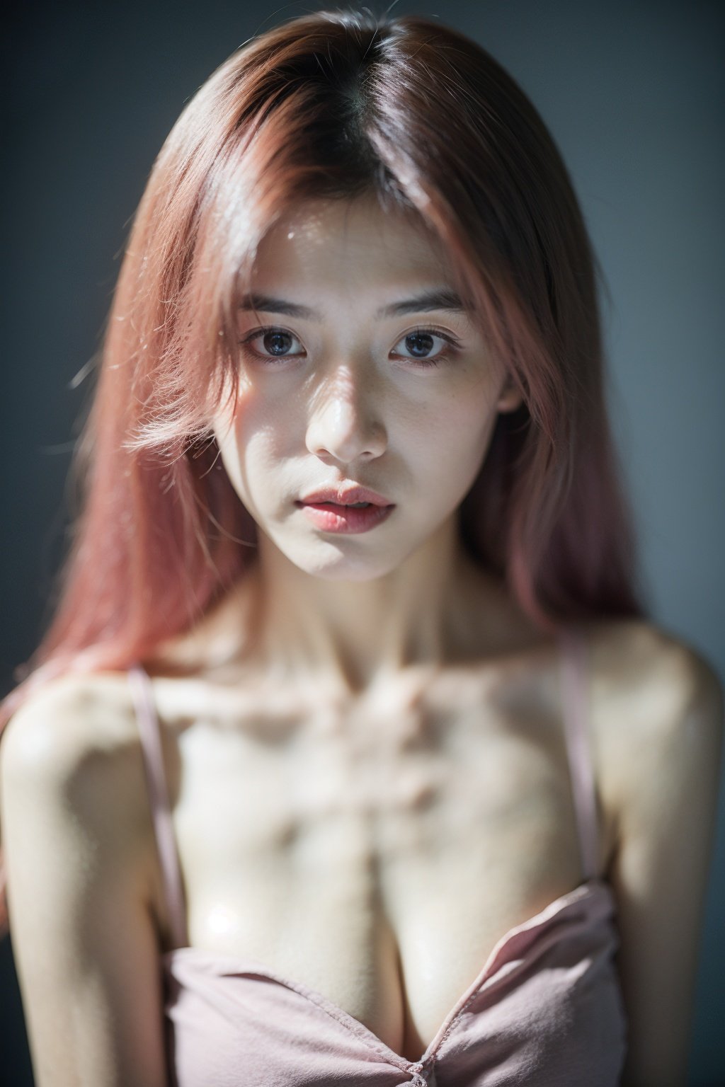 Best Quality,Masterpiece,Ultra High Resolution,(Realisticity:1.4),Original Photo,1girl,pink hair,small chest,solid background,