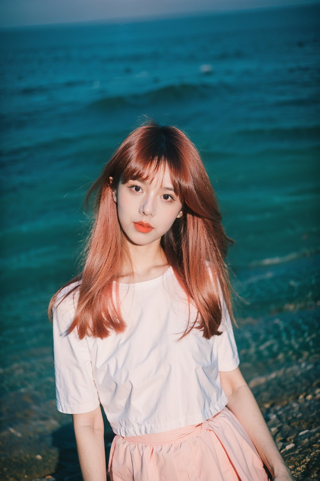 Best Quality,Masterpiece,Ultra High Resolution,(Realisticity:1.4),Original Photo,1girl,pink hair,over the sea,small chest,<lora:暗黑风格摄影 Dark style_v1.0:0.8>,