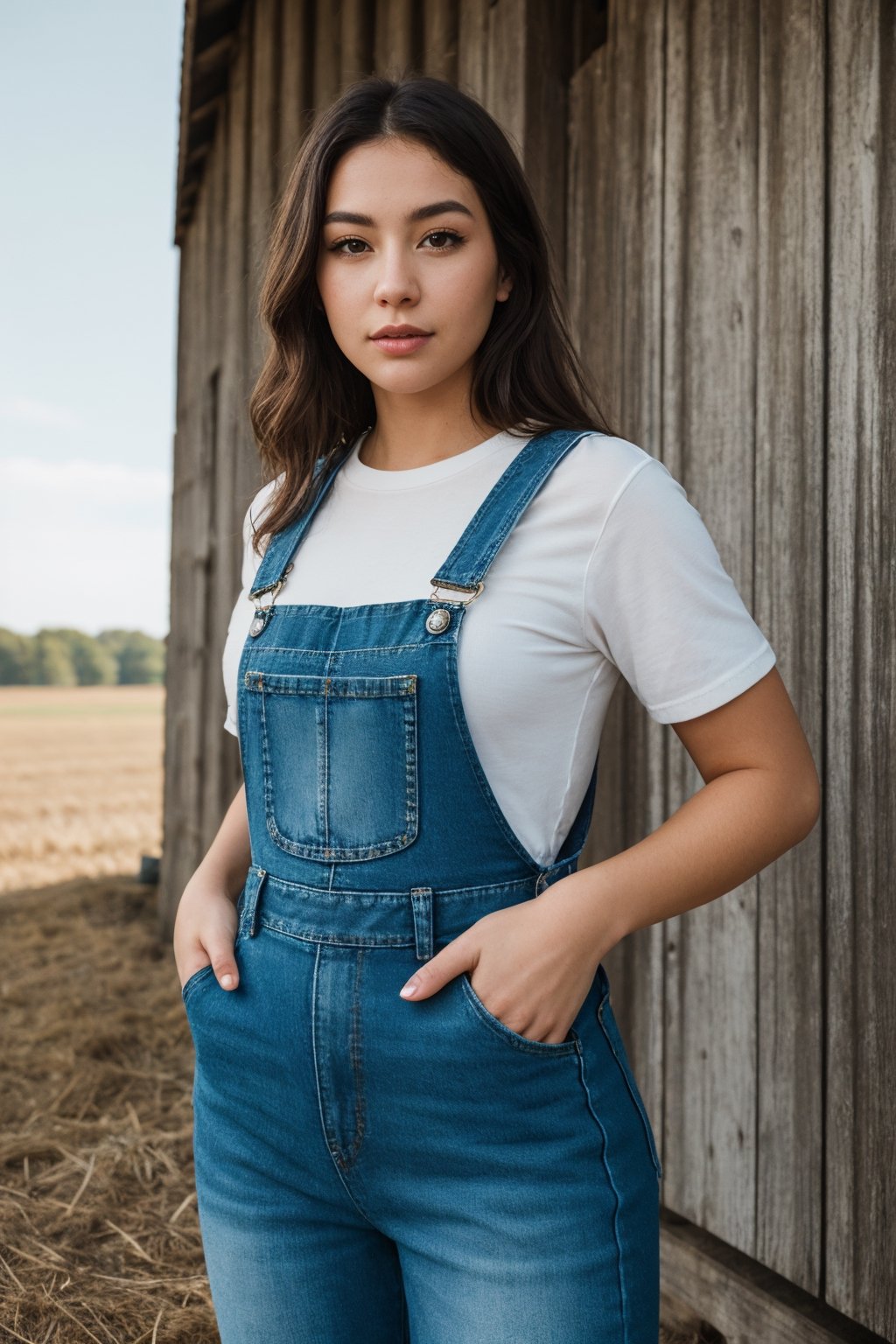 closeup portrait, professional photo, front lit natural lighting, upper body, facing viewer, beautiful thin woman wearing denim overalls, standing straight up outside on a farm, vivid colors,