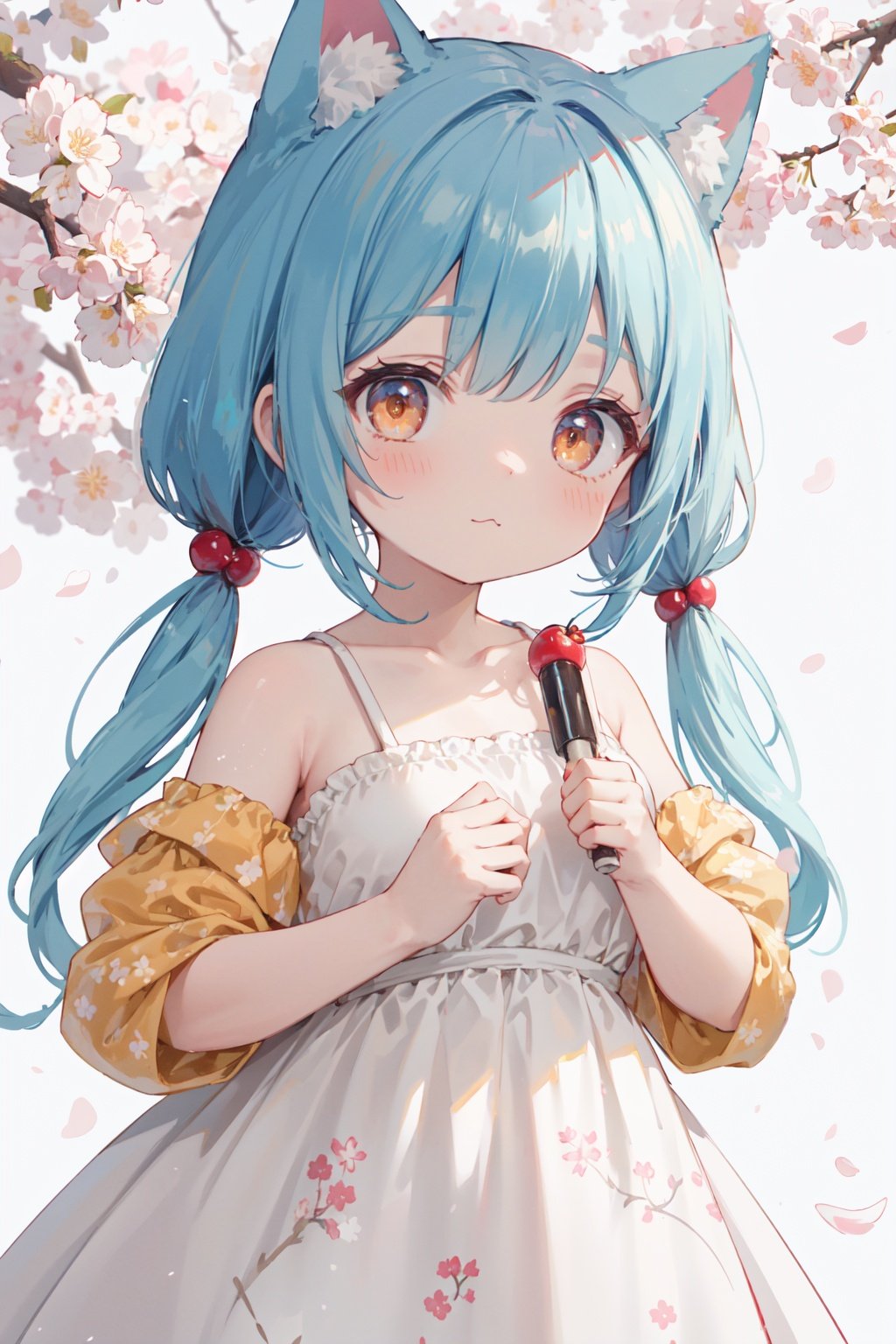 masterpiece,best quality, kawaii background, extremely detailed fine touch, highres, wallpaper, ray tracing, sunlight,///,solo, 1girl, (child:1.1), breasts, cat ears, animal ear fluff, light blue hair, Low twintails, orange eyes, bangs, light blush, delighted,tube dress,  breasts focus,simple background, cherry blossoms, cherry blossom print,