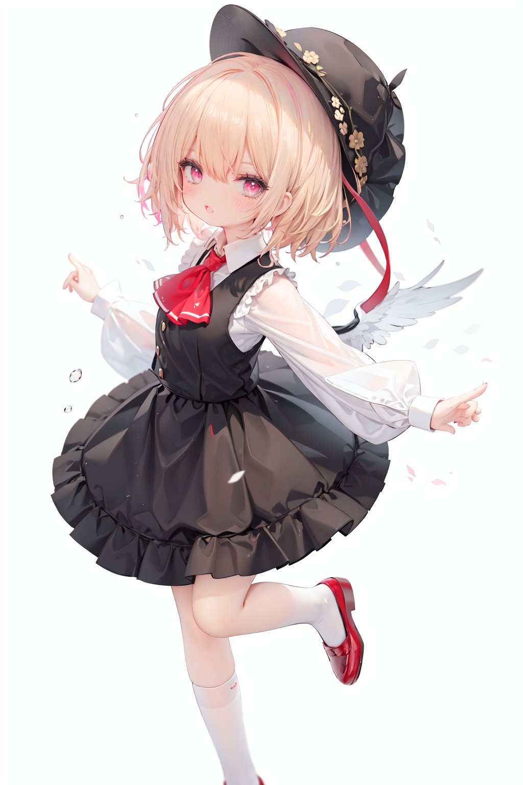 1girl, rumia, blonde hair, solo, white background, red eyes, red footwear, simple background, ascot, short hair, ribbon, open mouth, hair ribbon, smile, long sleeves, shirt, looking at viewer, red ascot, white socks, white shirt, red ribbon, shoes, socks, frills, bangs, outstretched arms, hair between eyes, skirt, :d, dress, vest, mary janes, black dress, black skirt, collared shirt, black vest, blush