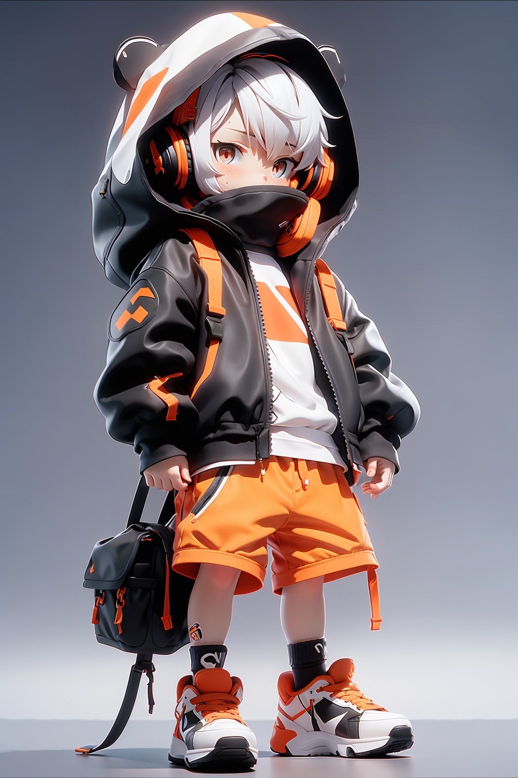 masterpiece,best quality,8K,1boy, male focus, solo, shorts, headphones, jacket, chibi, bag, shoes, brown eyes, white hair, full body, black shorts, bandaid, male child, looking at viewer, backpack, hood, standing, child, shirt, sneakers, short hair, black jacket, white shirt, grey background, closed mouth, open clothes, open jacket,orange color