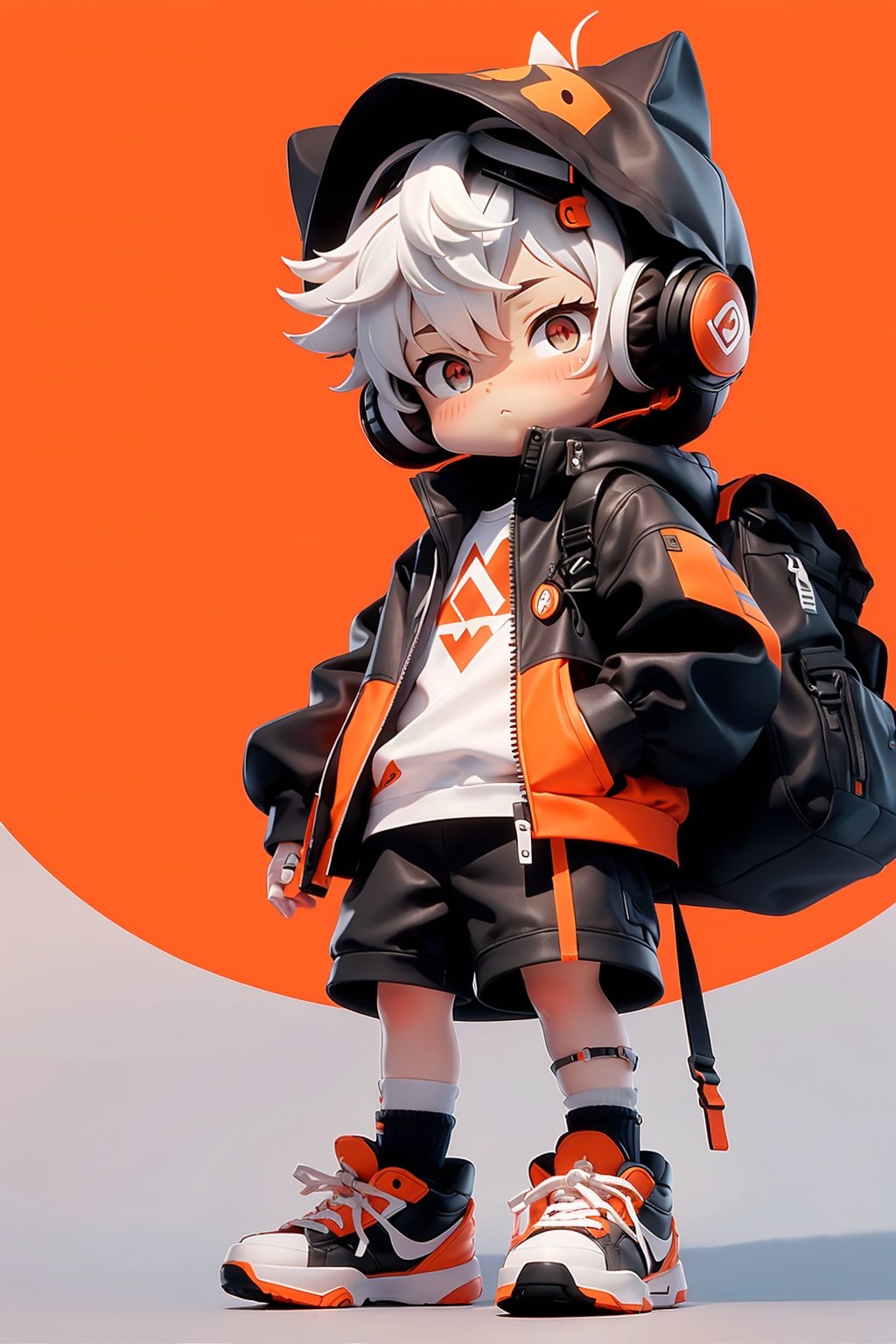 masterpiece,best quality,8K,1boy, male focus, solo, shorts, headphones, jacket, chibi, bag, shoes, brown eyes, white hair, full body, black shorts, bandaid, male child, looking at viewer, backpack, hood, standing, child, shirt, sneakers, short hair, black jacket, white shirt, grey background, closed mouth, open clothes, open jacket,orange color