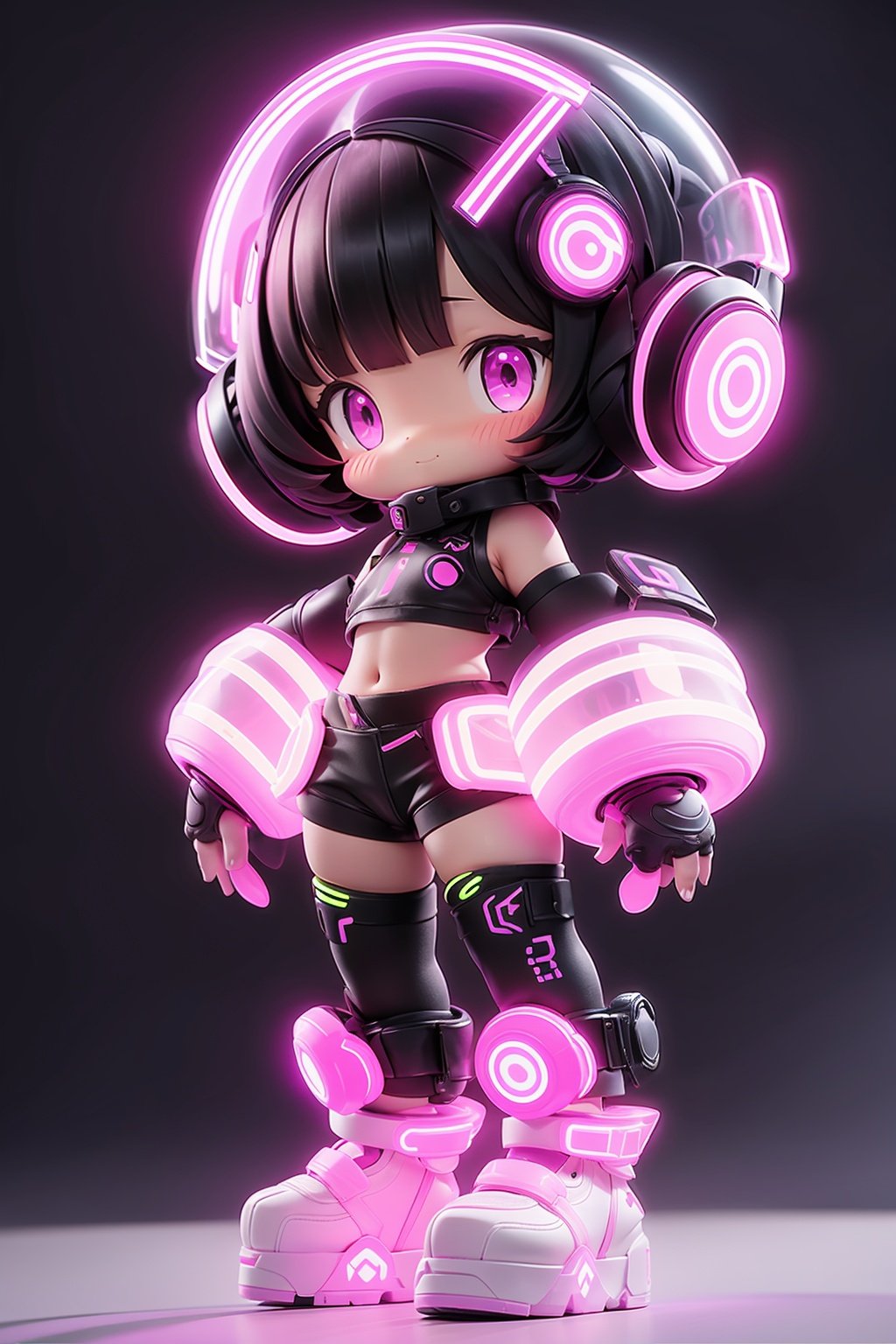 1girl, solo,smile, standing, navel, full body, gloves,closed mouth, boots, short hair, shorts,glowing,fingerless gloves,colored skin,black gloves, pink eyes,neon trim, gradient, headphones, gradient background, midriff,multicolored hair, black shorts, black background, simple background,Clear Helmet, Neon,chibi