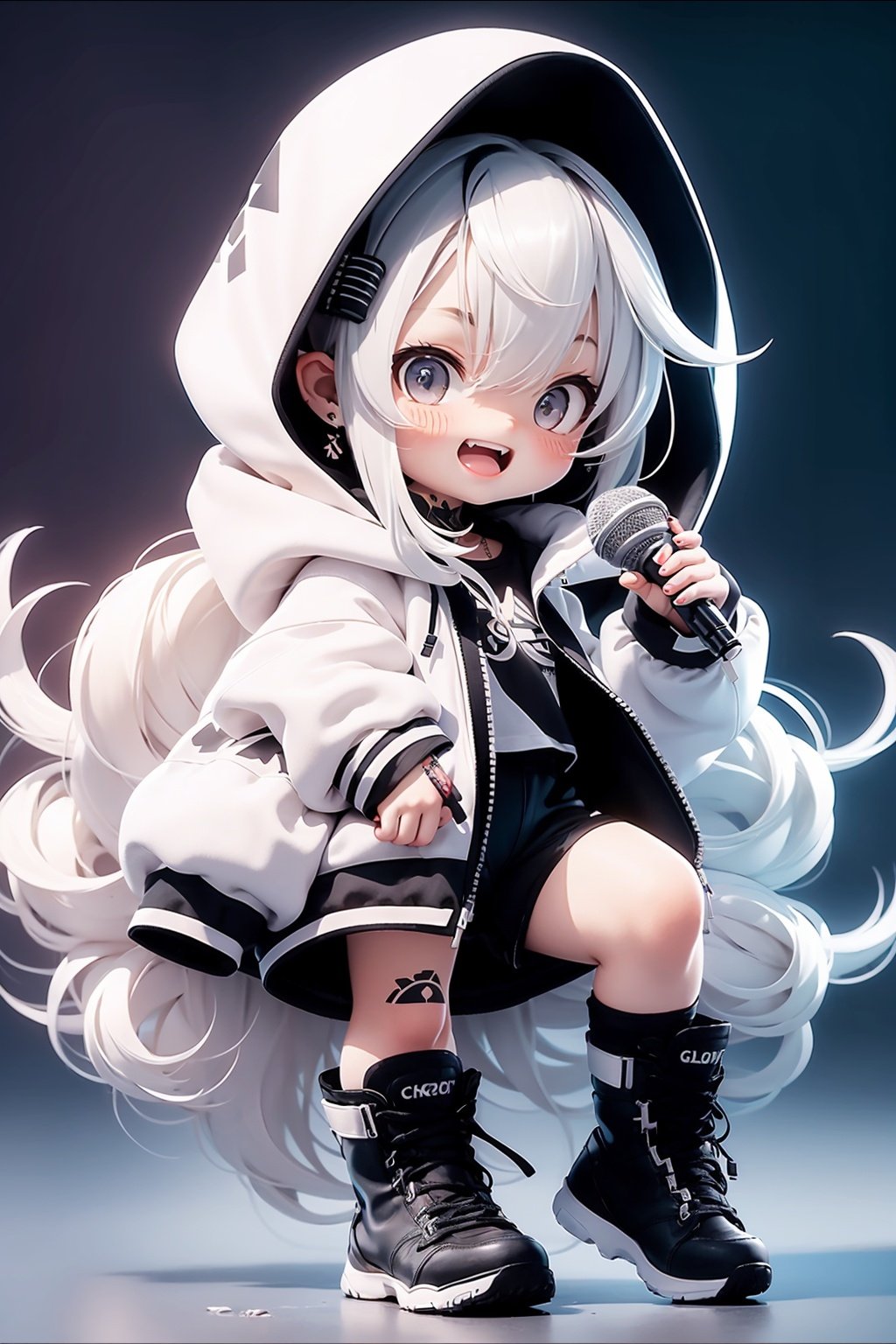 ,1girl,solo,long hair,holding microphone,microphone,boots,jewelry,earrings,open mouth,shorts,black footwear,looking at viewer,holding,full body,smile,white hair,jacket,blush,black shorts,long sleeves,pigeon-toed,grey eyes,black jacket,hood,teeth,cross-laced footwear,wavy hair,shirt,female child,tattoo,curly hair,short shorts,