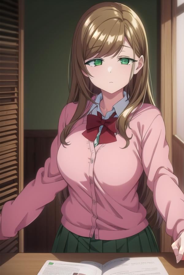 minakosanada, <lora:minakosanada-lora-nochekaiser:1>, minako sanada, long hair, brown hair, (green eyes:1.5),BREAK long sleeves, bow, school uniform, bowtie, red bow, cardigan, pink cardigan,BREAK looking at viewer,BREAK indoors, classroom,BREAK <lora:GoodHands-vanilla:1>, (masterpiece:1.2), best quality, high resolution, unity 8k wallpaper, (illustration:0.8), (beautiful detailed eyes:1.6), extremely detailed face, perfect lighting, extremely detailed CG, (perfect hands, perfect anatomy),