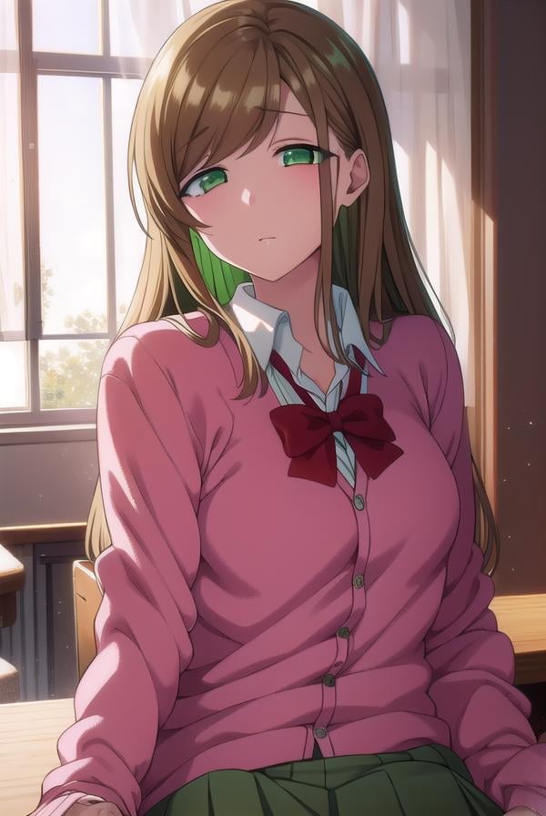 minakosanada, <lora:minakosanada-lora-nochekaiser:1>, minako sanada, long hair, brown hair, (green eyes:1.5),BREAK long sleeves, bow, school uniform, bowtie, red bow, cardigan, pink cardigan,BREAK looking at viewer,BREAK indoors, classroom,BREAK <lora:GoodHands-vanilla:1>, (masterpiece:1.2), best quality, high resolution, unity 8k wallpaper, (illustration:0.8), (beautiful detailed eyes:1.6), extremely detailed face, perfect lighting, extremely detailed CG, (perfect hands, perfect anatomy),