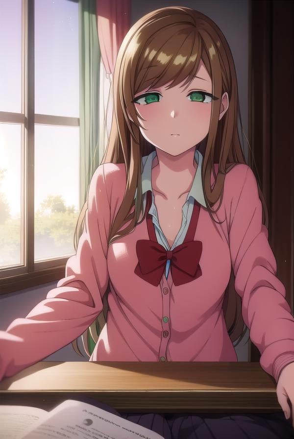 minakosanada, <lora:minakosanada-lora-nochekaiser:1>, minako sanada, long hair, brown hair, (green eyes:1.5),BREAK long sleeves, bow, school uniform, bowtie, red bow, cardigan, pink cardigan,BREAK looking at viewer,BREAK indoors, classroom,BREAK <lora:GoodHands-vanilla:1>, (masterpiece:1.2), best quality, high resolution, unity 8k wallpaper, (illustration:0.8), (beautiful detailed eyes:1.6), extremely detailed face, perfect lighting, extremely detailed CG, (perfect hands, perfect anatomy),