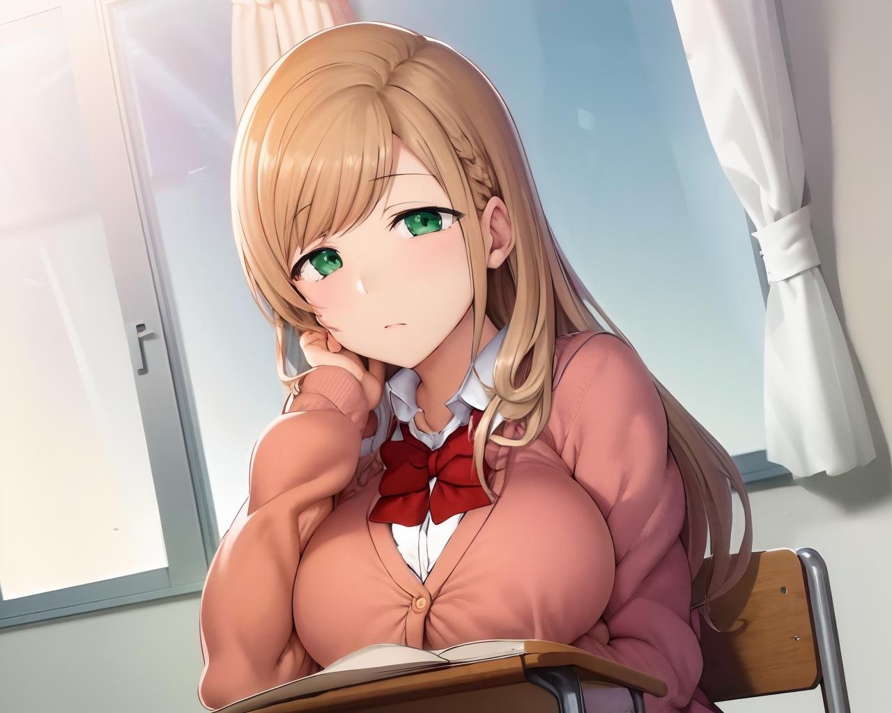 sanada_minakov, blonde hair, long hair, <lora:sanada_minakov1:0.7> pink cardigan, classroom, day, window, sky, green eyes, large breasts, reading, masterpiece, best quality