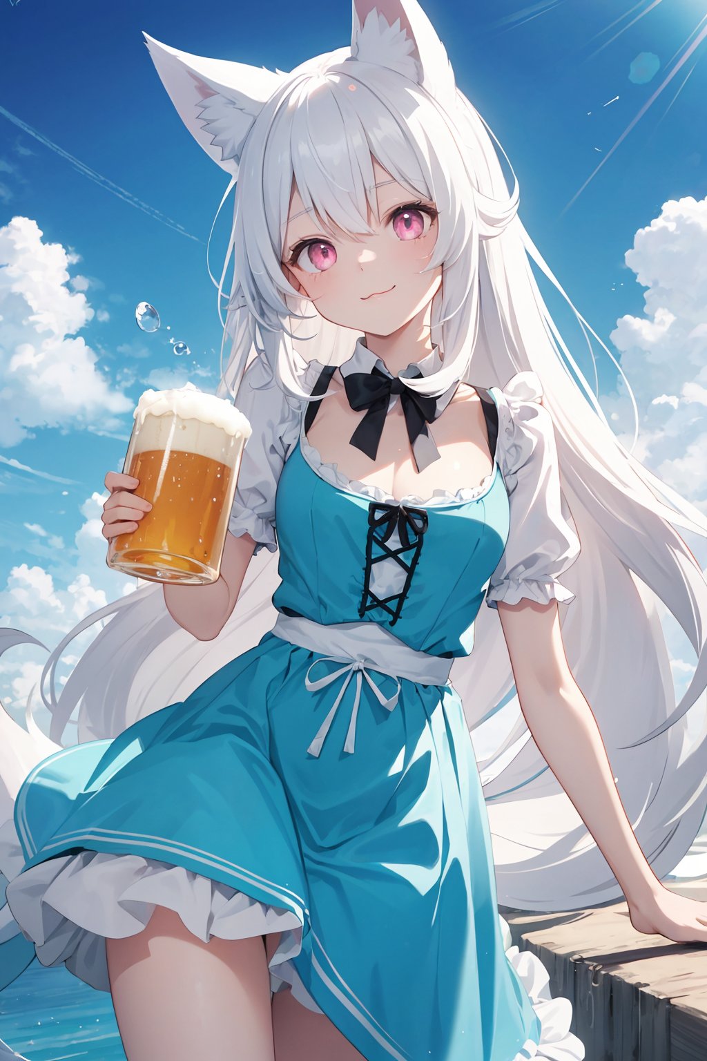 pale color, absurdres ,high res, ultimate detailed, high-resolution in elaborateness BREAK stunning views, (brightness atmosphere:1.3) BREAK(cyan dirndl:1.3), holding beer,, large eyes, (pale pink eyes:1.1), drooping eyes  BREAK small breasts, white skin, large fox ears, (pure white fox ears, pure white hair:1.3), long hair BREAK (:3:1)