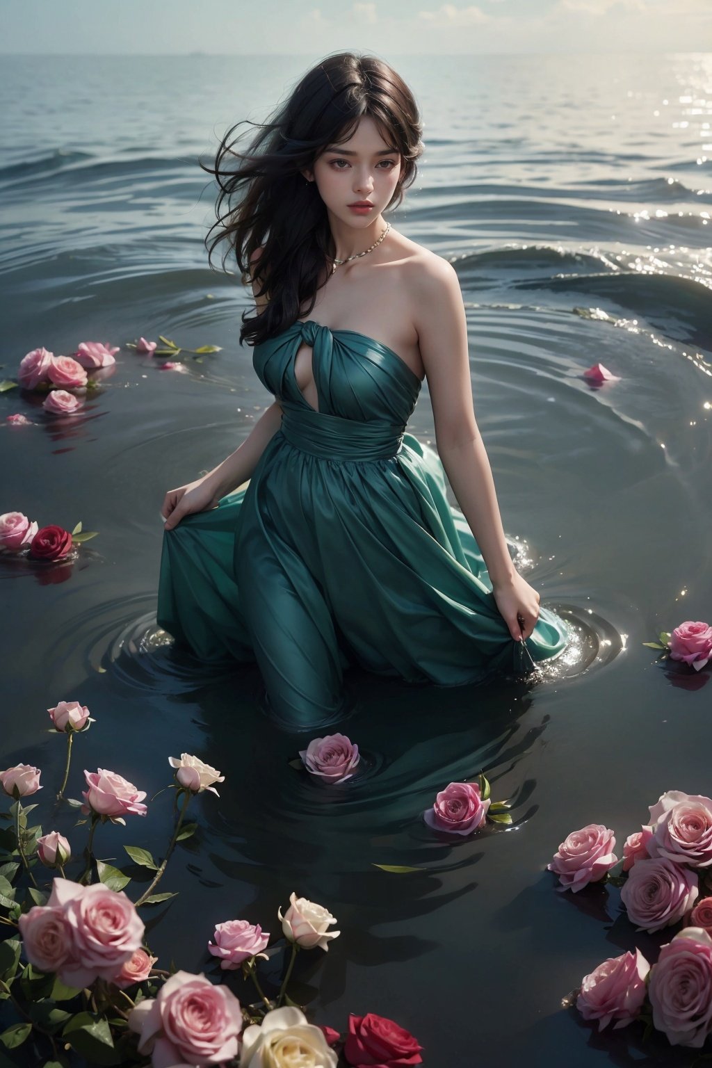 Absurd, realistic rendering, (masterpiece, best quality), haze, (a girl), brown eyes, black hair, messy long hair, girl comfortably standing in the lake, damp, colorful flowers blooming in the lake, strapless, blue dress, depth of view, wide-angle lens, overhead view, (8k, best quality, ultra high resolution, masterpiece: 1.2), beautiful, unparalleled, perfect artwork, (Fidelity: 1.4), (Extremely complex: 1.2), (Exquisite and delicate skin),

