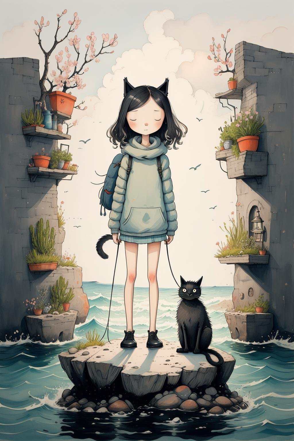 masterpiece,best quality,<lora:CPB2:1.3>,1girl,cat,in spring,sea,